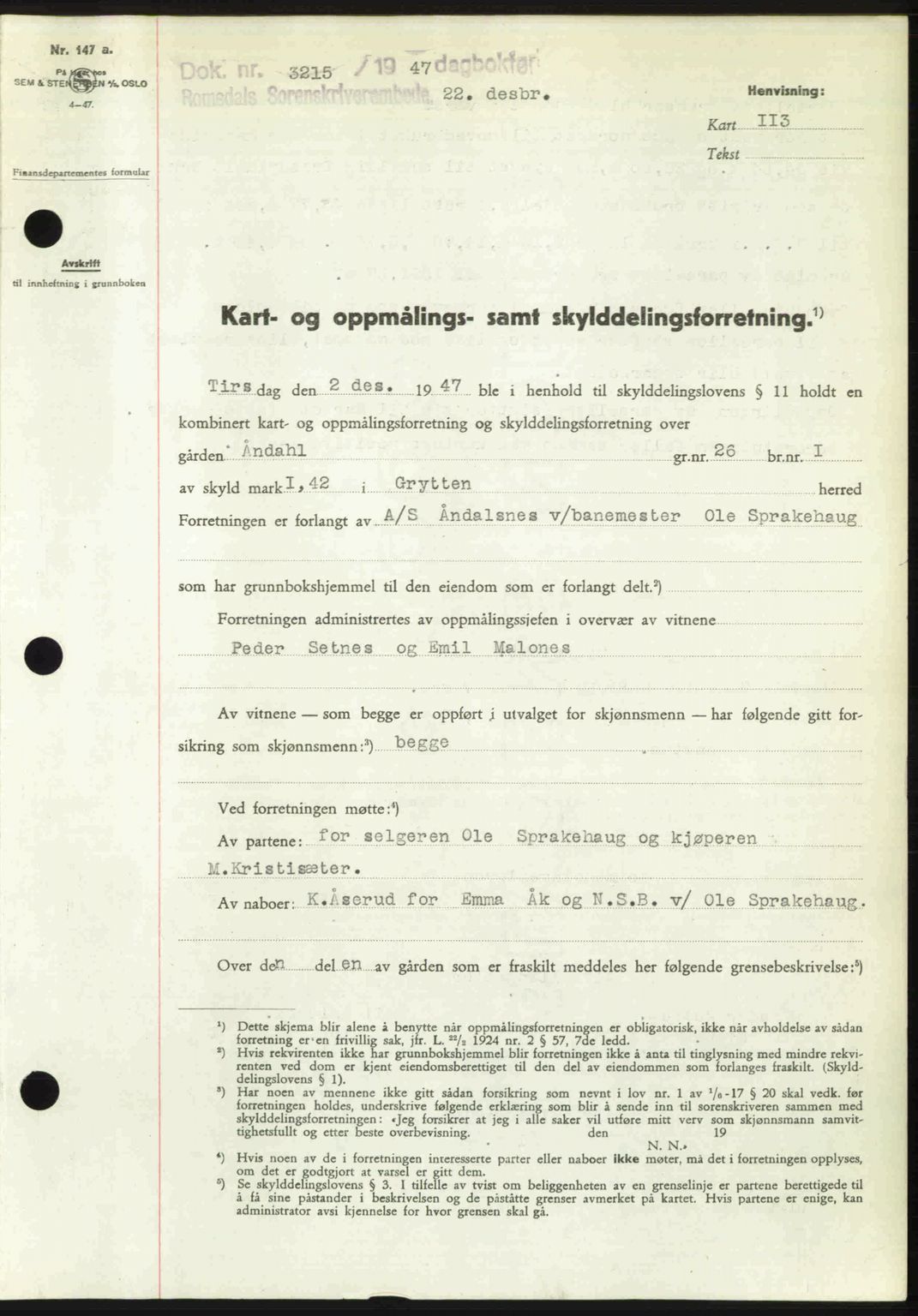 Romsdal sorenskriveri, AV/SAT-A-4149/1/2/2C: Pantebok nr. A24, 1947-1947, Dagboknr: 3215/1947