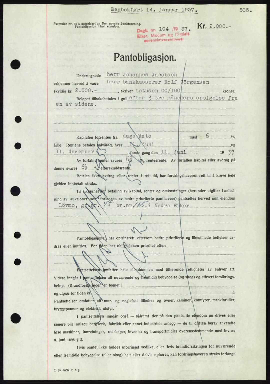 Eiker, Modum og Sigdal sorenskriveri, SAKO/A-123/G/Ga/Gab/L0034: Pantebok nr. A4, 1936-1937, Dagboknr: 104/1937