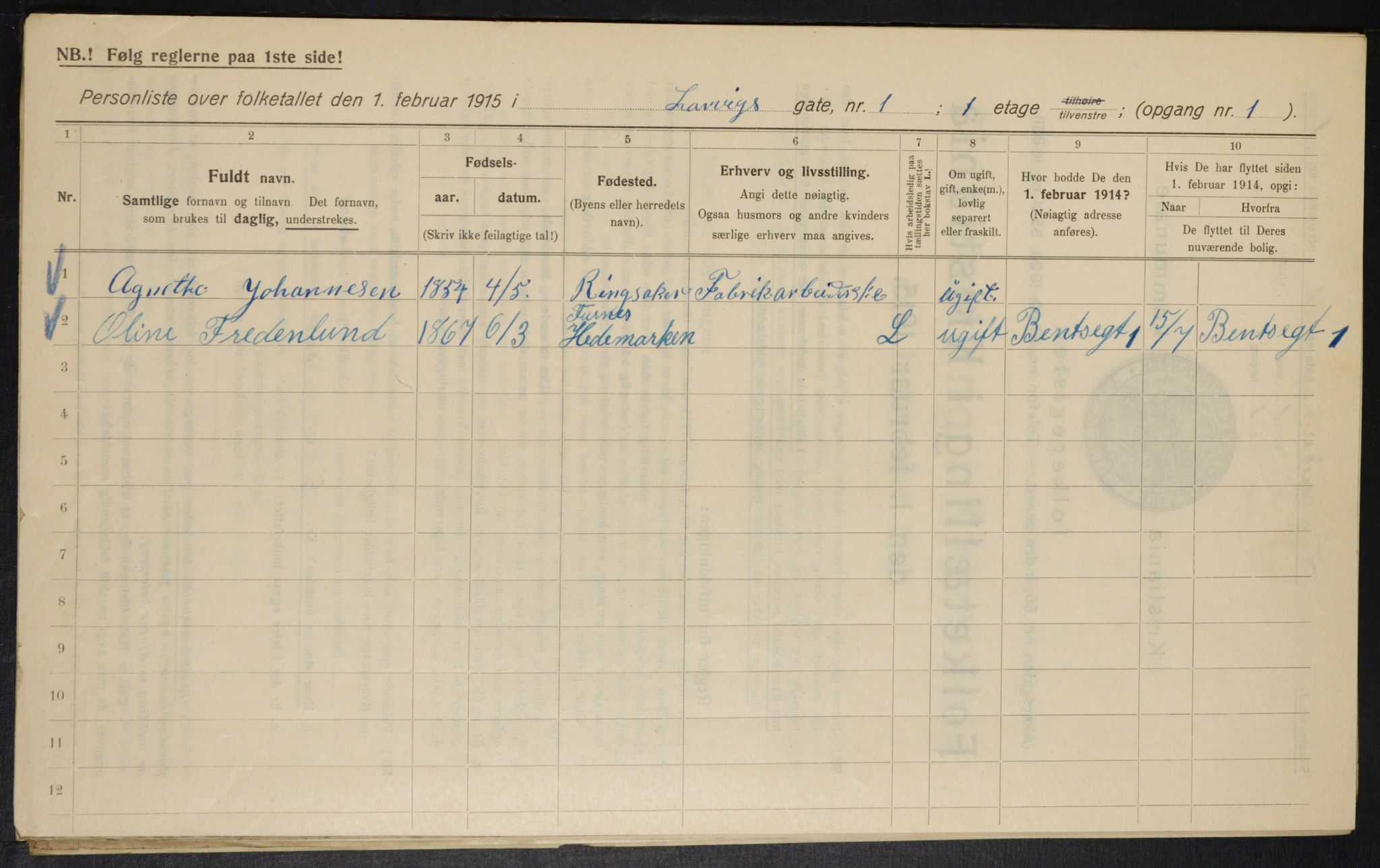 OBA, Kommunal folketelling 1.2.1915 for Kristiania, 1915, s. 56576