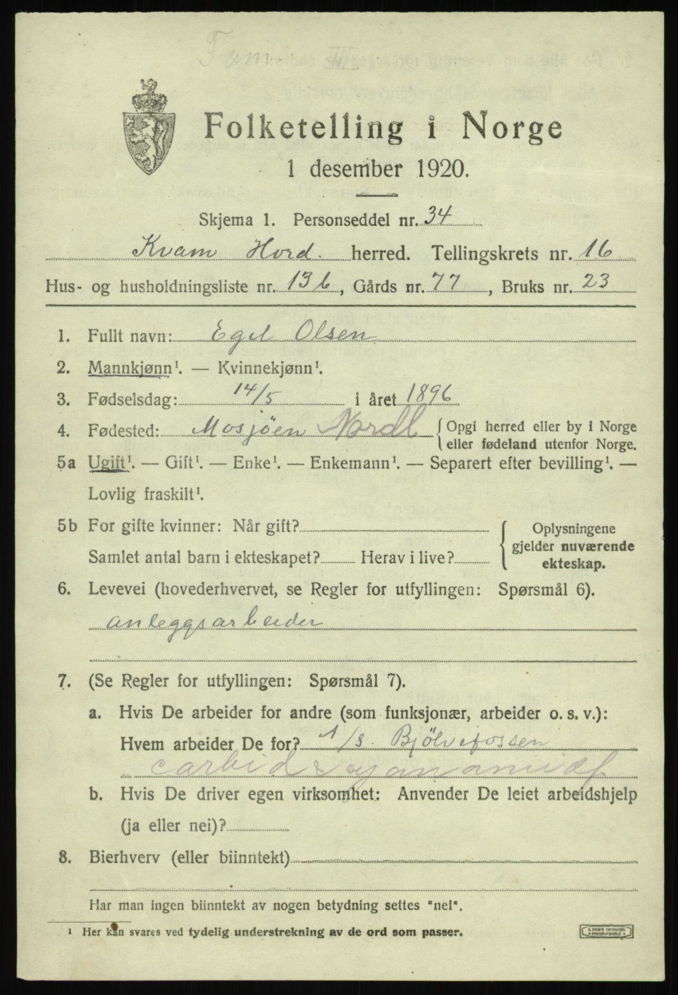 SAB, Folketelling 1920 for 1238 Kvam herred, 1920, s. 9121