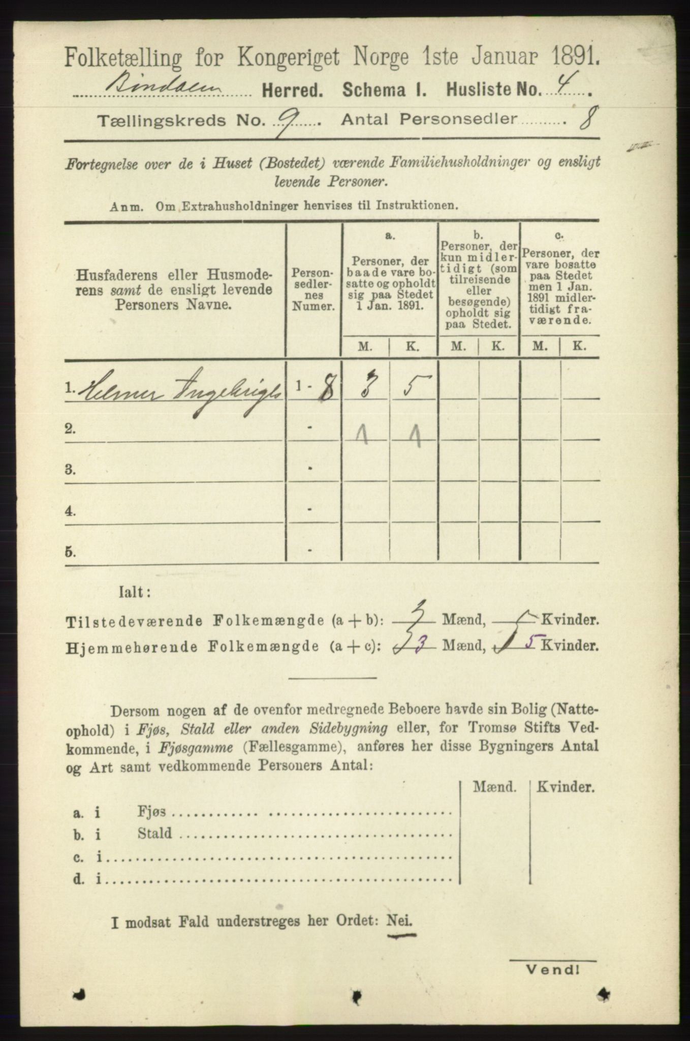 RA, Folketelling 1891 for 1811 Bindal herred, 1891, s. 2921