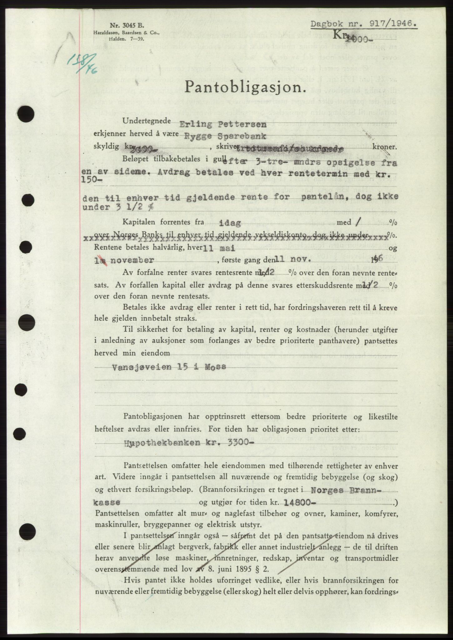 Moss sorenskriveri, SAO/A-10168: Pantebok nr. B15, 1946-1946, Dagboknr: 917/1946