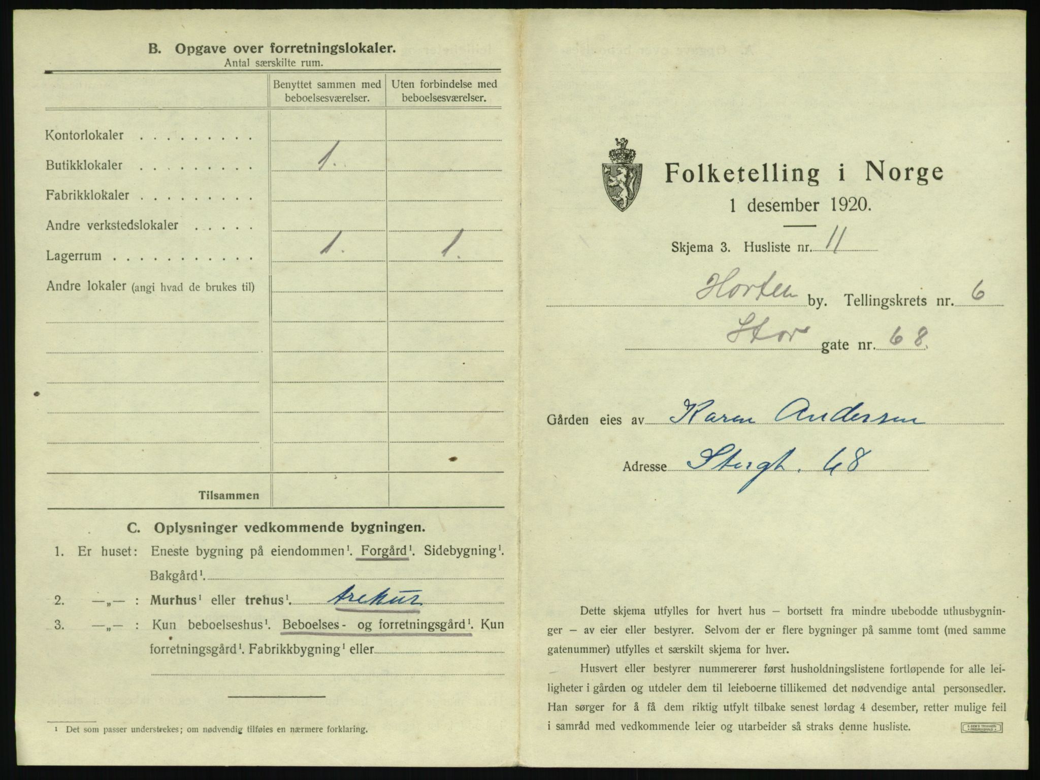 SAKO, Folketelling 1920 for 0703 Horten kjøpstad, 1920, s. 1943