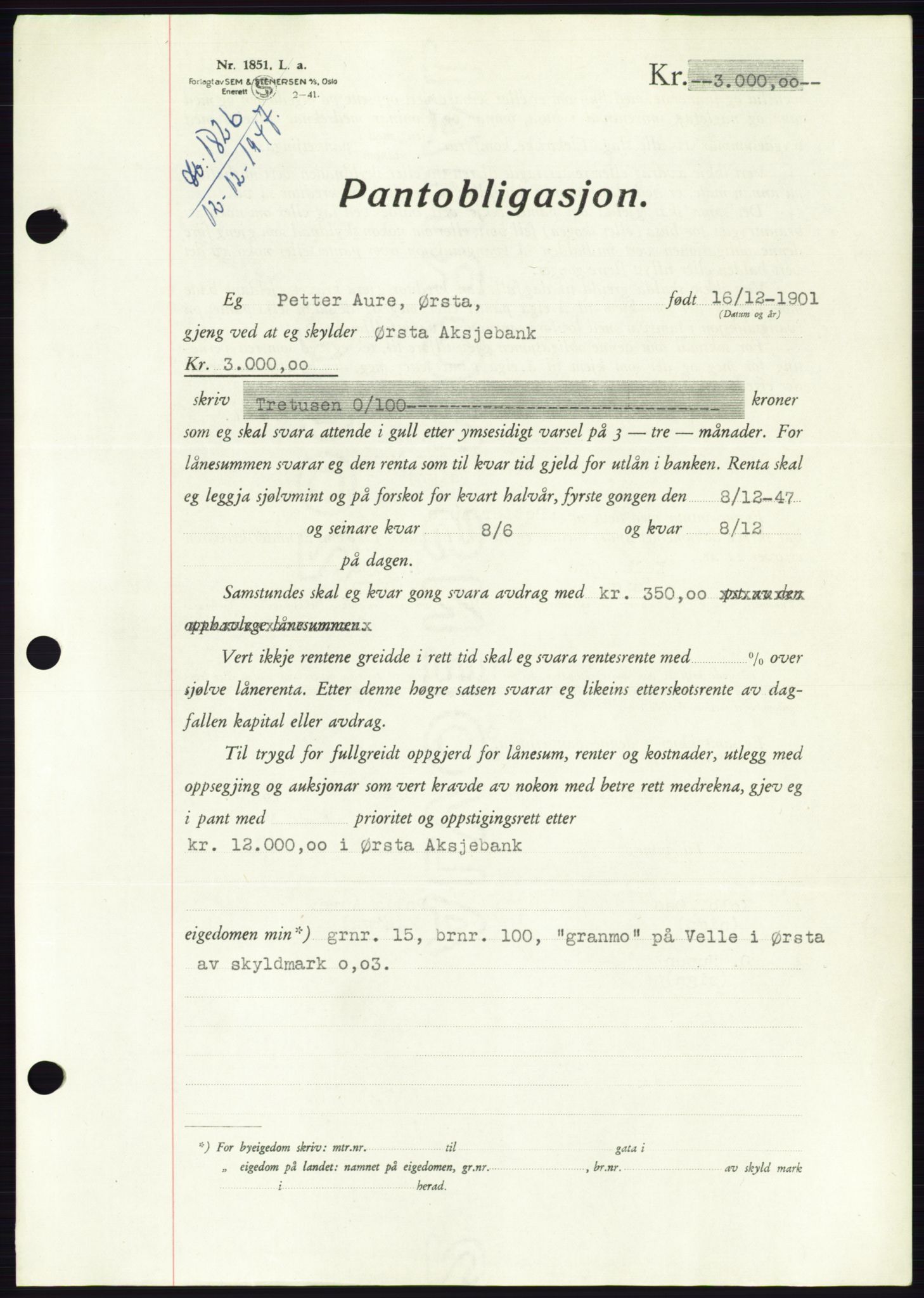 Søre Sunnmøre sorenskriveri, AV/SAT-A-4122/1/2/2C/L0115: Pantebok nr. 3B, 1947-1948, Dagboknr: 1826/1947