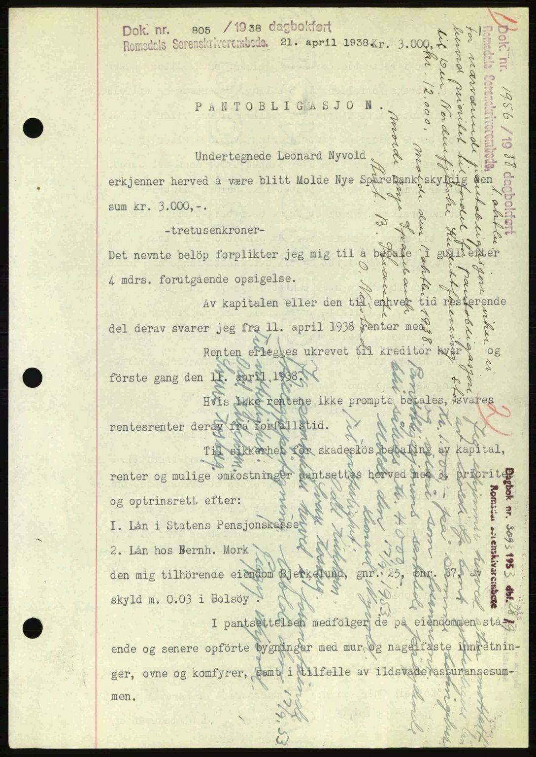 Romsdal sorenskriveri, SAT/A-4149/1/2/2C: Pantebok nr. B1, 1936-1939, Dagboknr: 805/1938