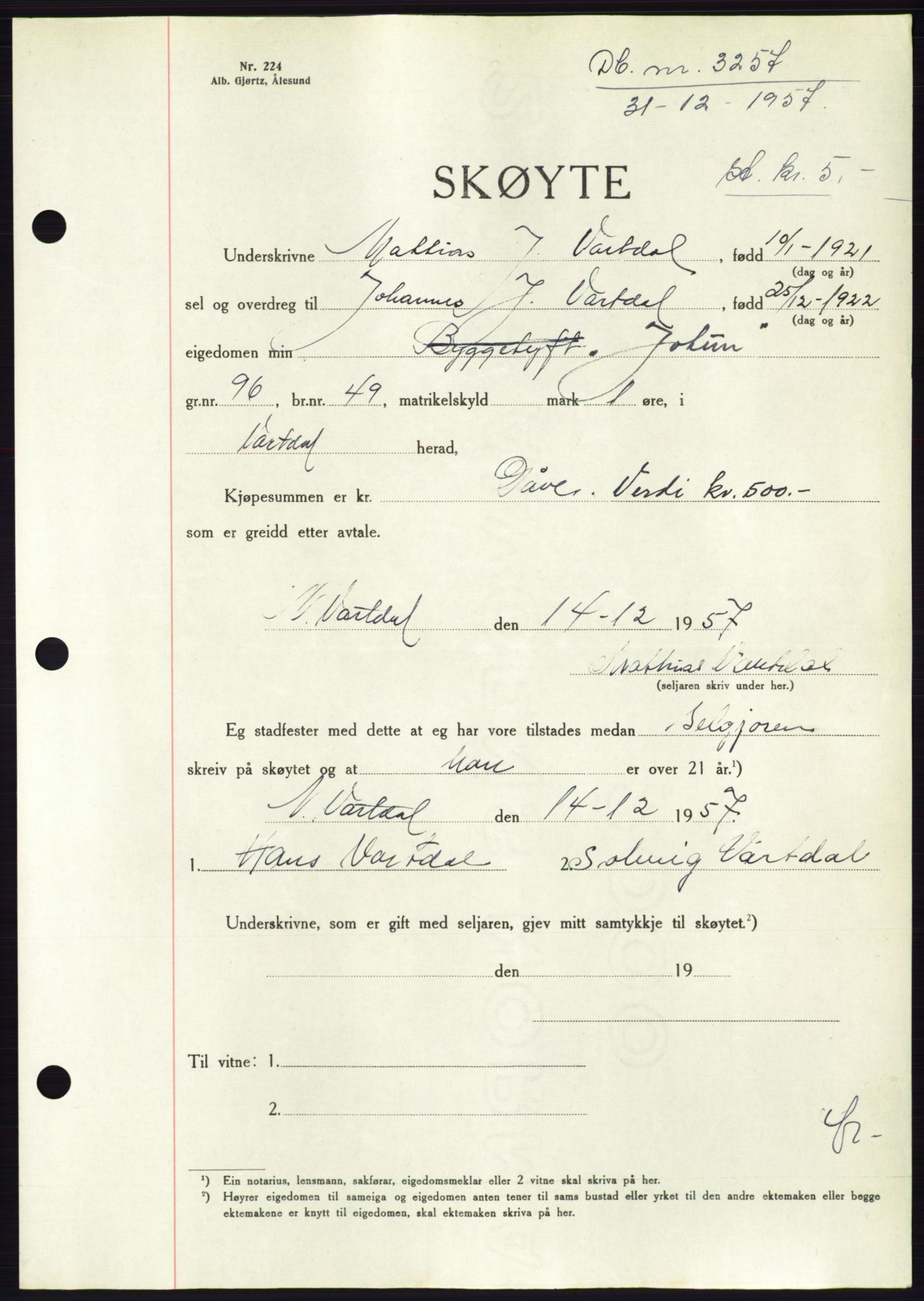 Søre Sunnmøre sorenskriveri, AV/SAT-A-4122/1/2/2C/L0108: Pantebok nr. 34A, 1957-1958, Dagboknr: 3257/1957