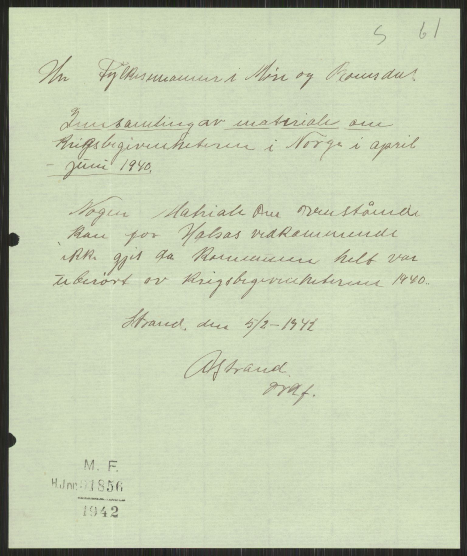 Forsvaret, Forsvarets krigshistoriske avdeling, AV/RA-RAFA-2017/Y/Ya/L0015: II-C-11-31 - Fylkesmenn.  Rapporter om krigsbegivenhetene 1940., 1940, s. 615
