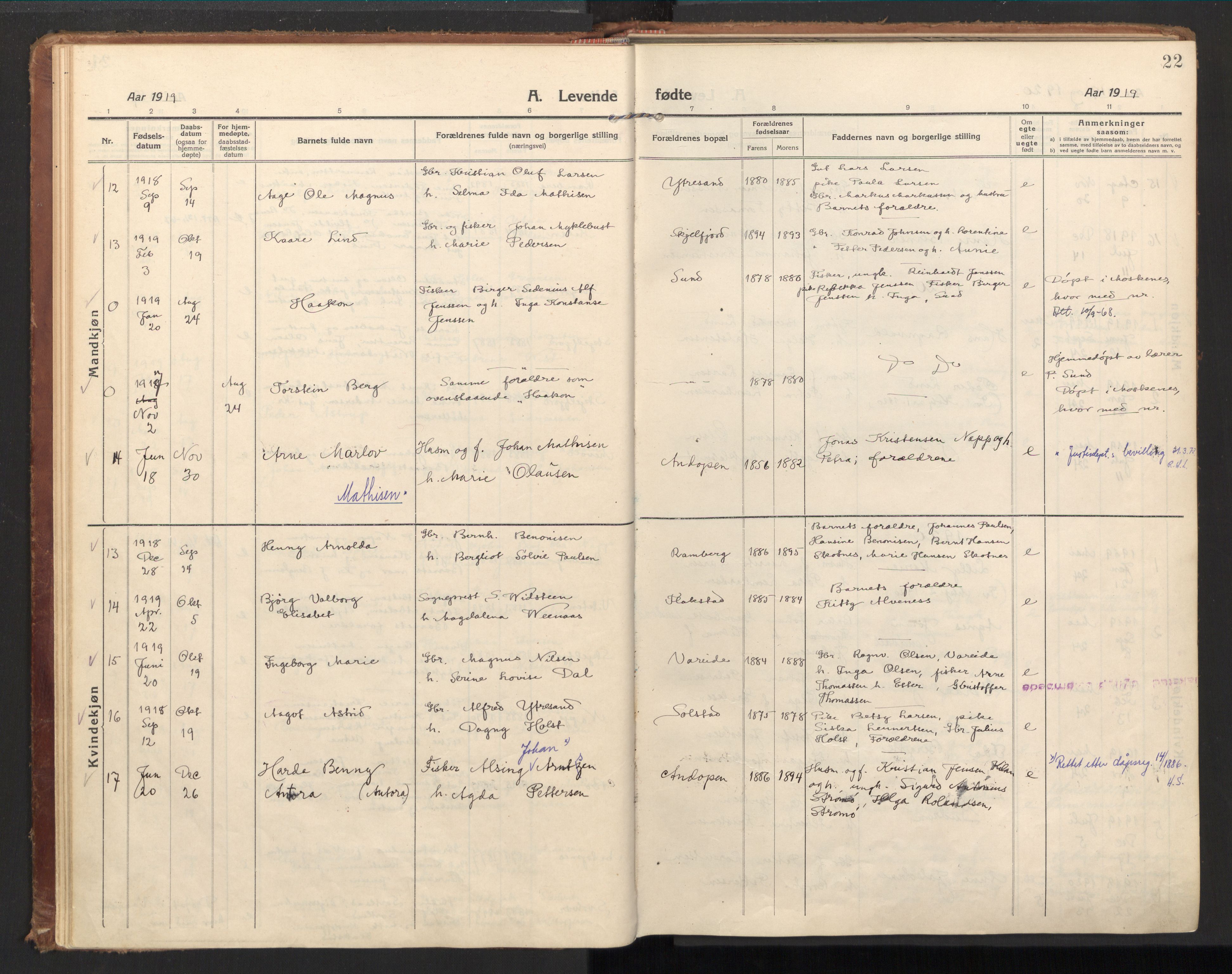 Ministerialprotokoller, klokkerbøker og fødselsregistre - Nordland, AV/SAT-A-1459/885/L1210: Ministerialbok nr. 885A10, 1916-1926, s. 22