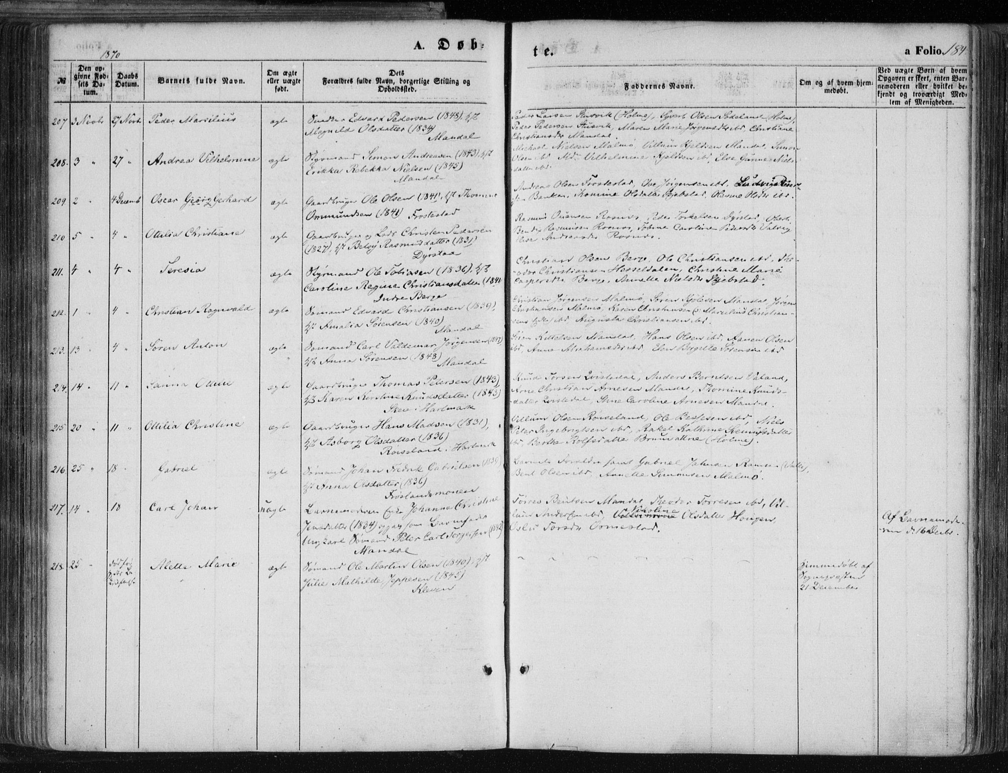 Mandal sokneprestkontor, SAK/1111-0030/F/Fa/Faa/L0014: Ministerialbok nr. A 14, 1859-1872, s. 184