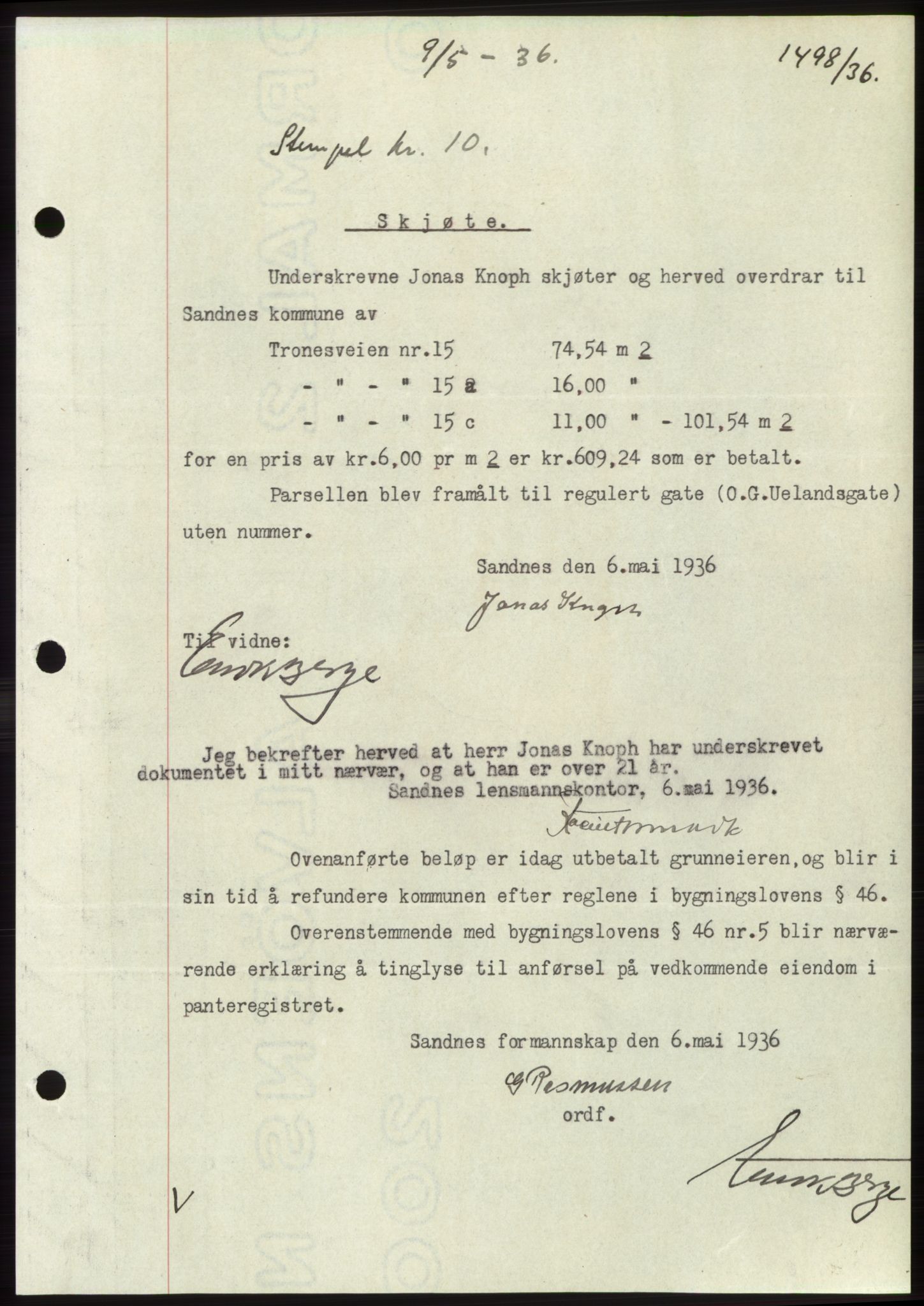 Jæren sorenskriveri, SAST/A-100310/03/G/Gba/L0065: Pantebok nr. 71, 1936-1936, Dagboknr: 1498/1936