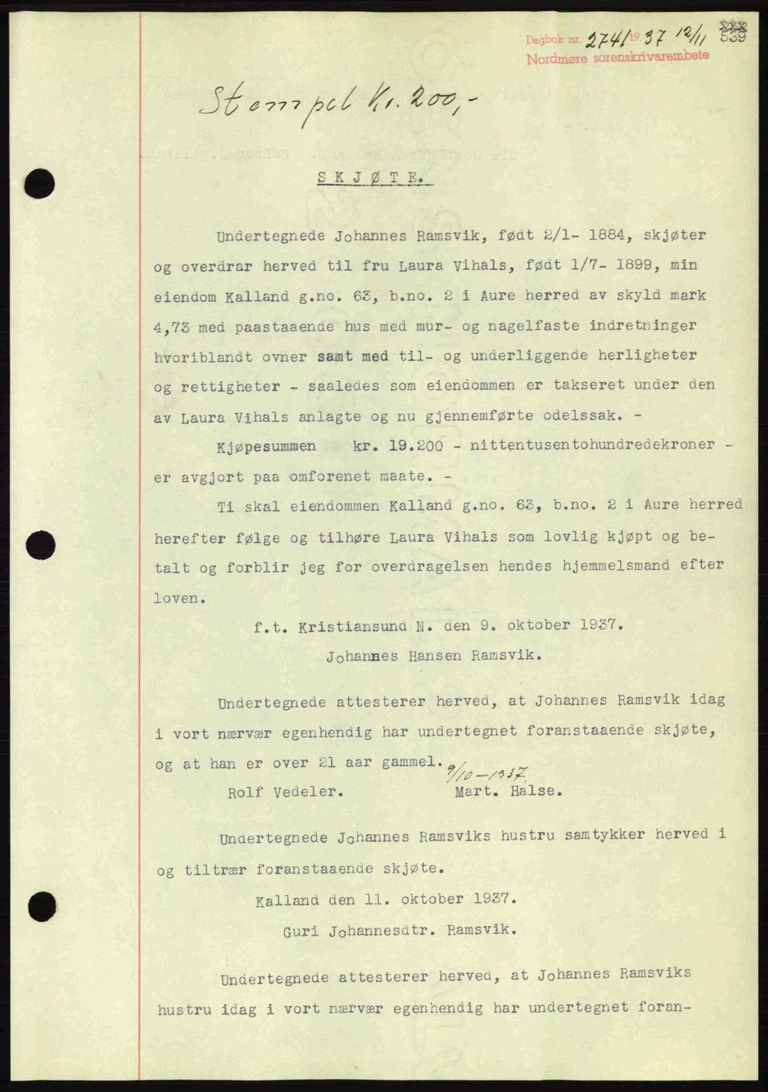 Nordmøre sorenskriveri, SAT/A-4132/1/2/2Ca: Pantebok nr. A82, 1937-1938, Dagboknr: 2741/1937