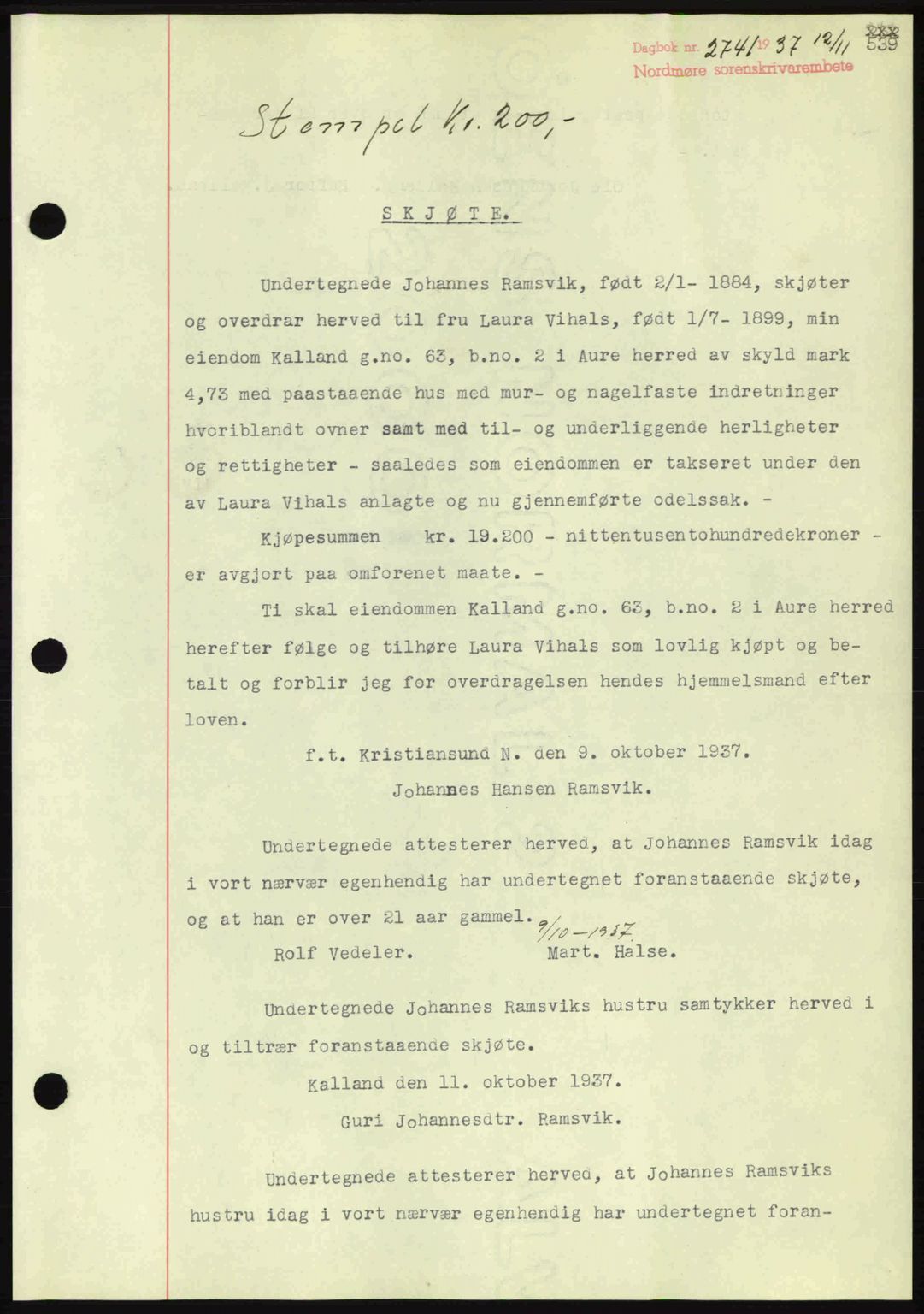 Nordmøre sorenskriveri, AV/SAT-A-4132/1/2/2Ca: Pantebok nr. A82, 1937-1938, Dagboknr: 2741/1937