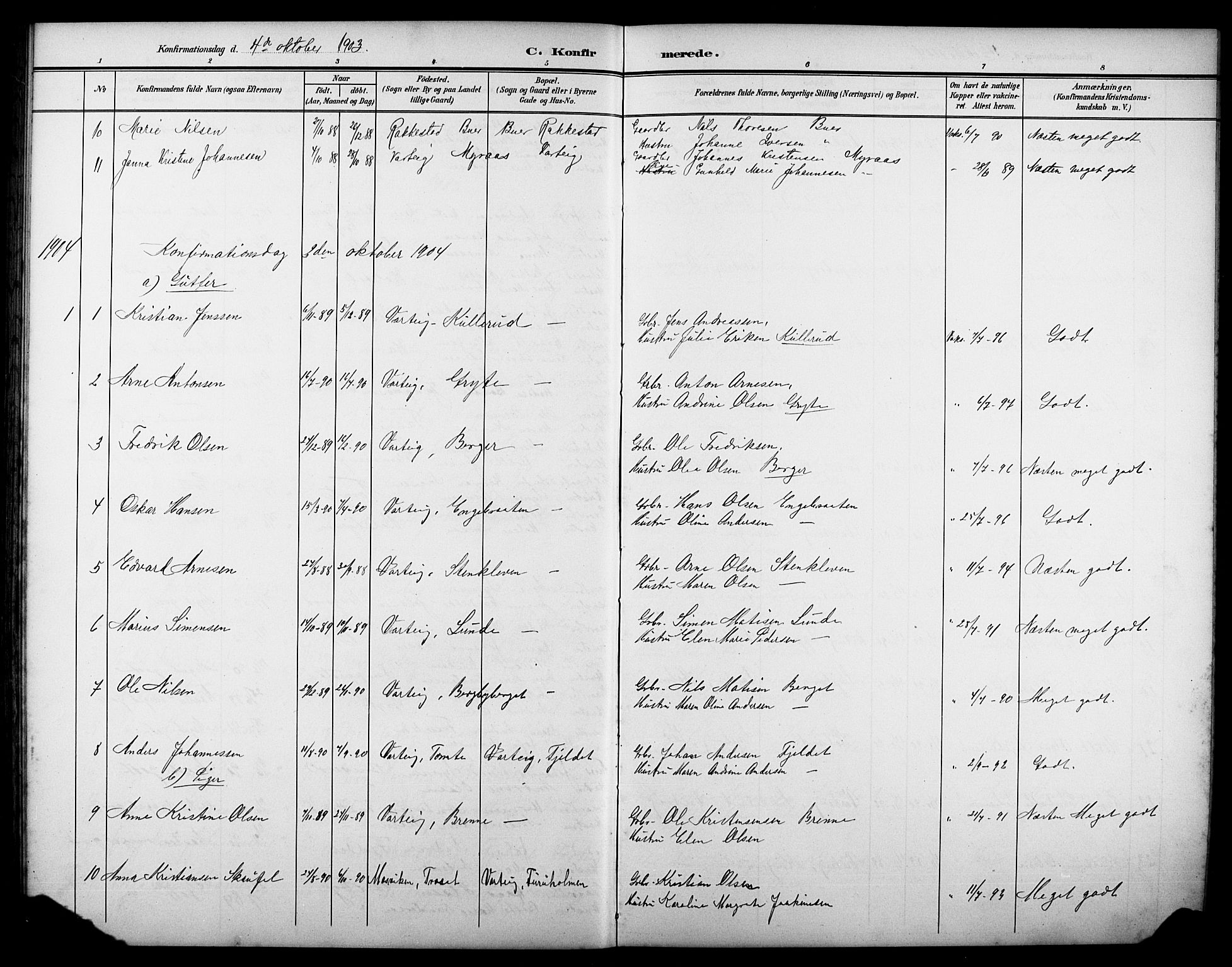 Varteig prestekontor Kirkebøker, AV/SAO-A-10447a/G/Ga/L0001: Klokkerbok nr. 1, 1902-1923