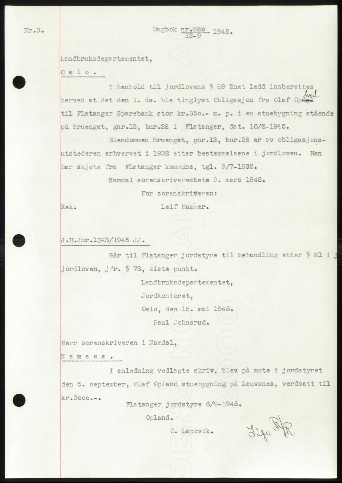 Namdal sorenskriveri, SAT/A-4133/1/2/2C: Pantebok nr. -, 1944-1945, Dagboknr: 880/1945