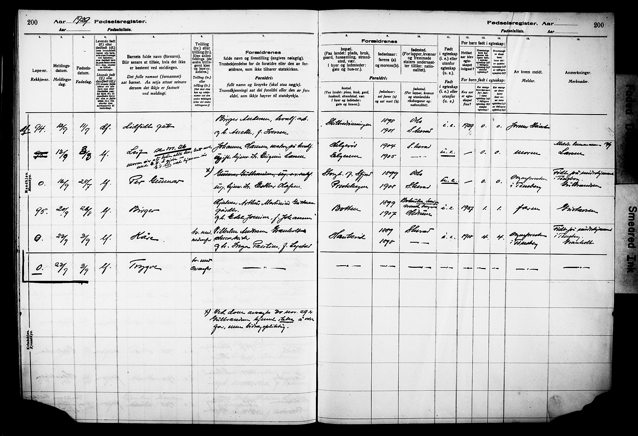 Sandar kirkebøker, SAKO/A-243/J/Ja/L0002: Fødselsregister nr. 2, 1922-1929, s. 200