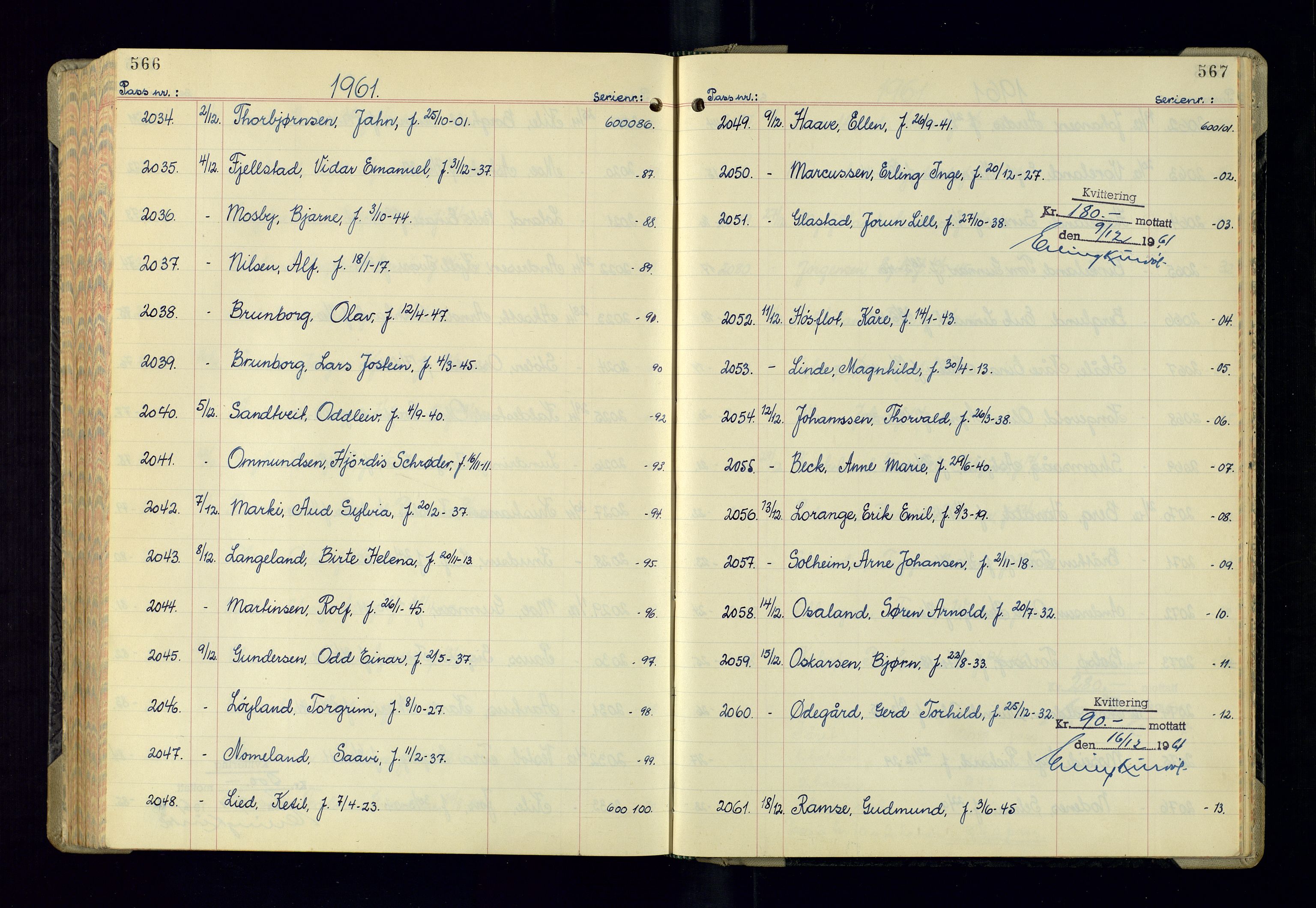 Kristiansand politikammer - 2, AV/SAK-1243-0009/K/Ka/Kaa/L0614: Passprotokoll, liste med løpenumre, 1958-1962, s. 566-567