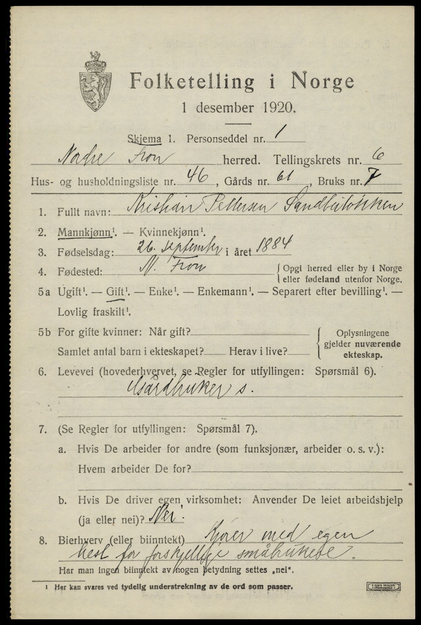 SAH, Folketelling 1920 for 0518 Nord-Fron herred, 1920, s. 5872