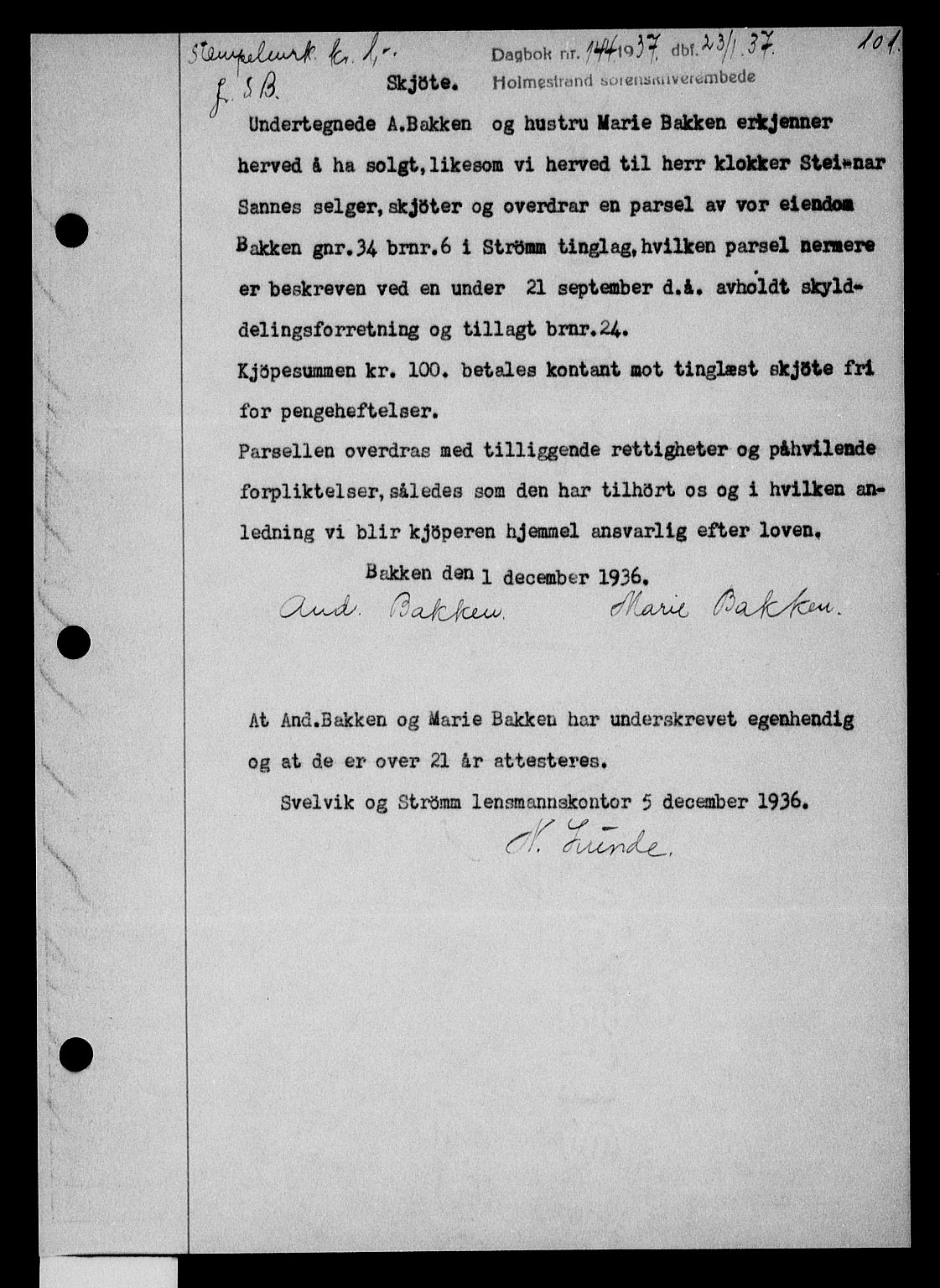 Holmestrand sorenskriveri, SAKO/A-67/G/Ga/Gaa/L0048: Pantebok nr. A-48, 1936-1937, Dagboknr: 144/1937