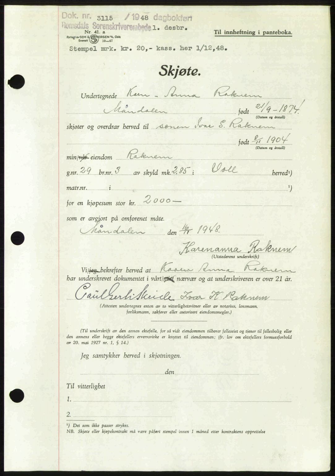 Romsdal sorenskriveri, AV/SAT-A-4149/1/2/2C: Pantebok nr. A28, 1948-1949, Dagboknr: 3115/1948