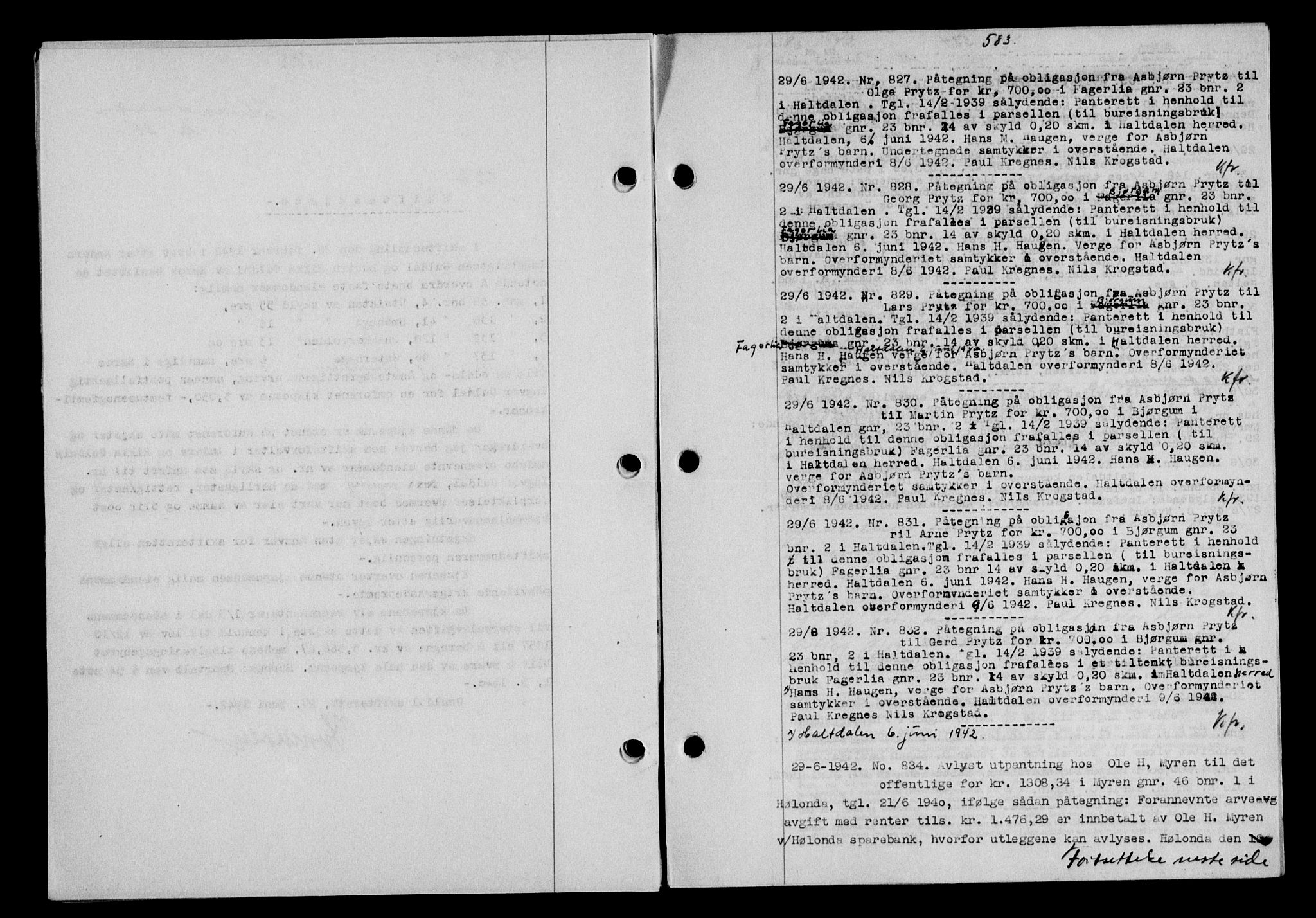 Gauldal sorenskriveri, SAT/A-0014/1/2/2C/L0054: Pantebok nr. 59, 1941-1942, Dagboknr: 827/1942