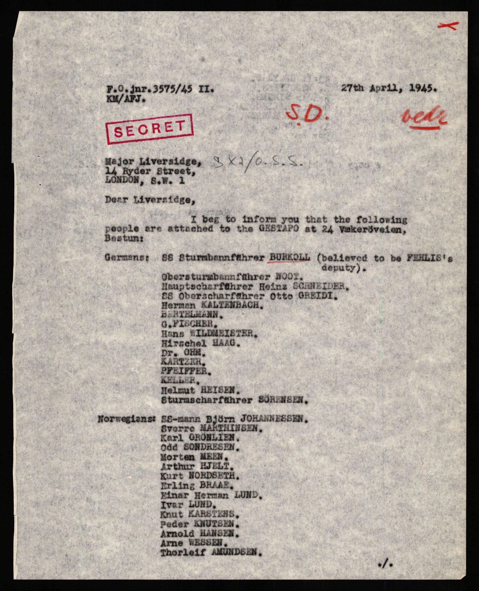 Forsvaret, Forsvarets overkommando II, RA/RAFA-3915/D/Db/L0024: CI Questionaires. Tyske okkupasjonsstyrker i Norge. Tyskere., 1945-1946, s. 317