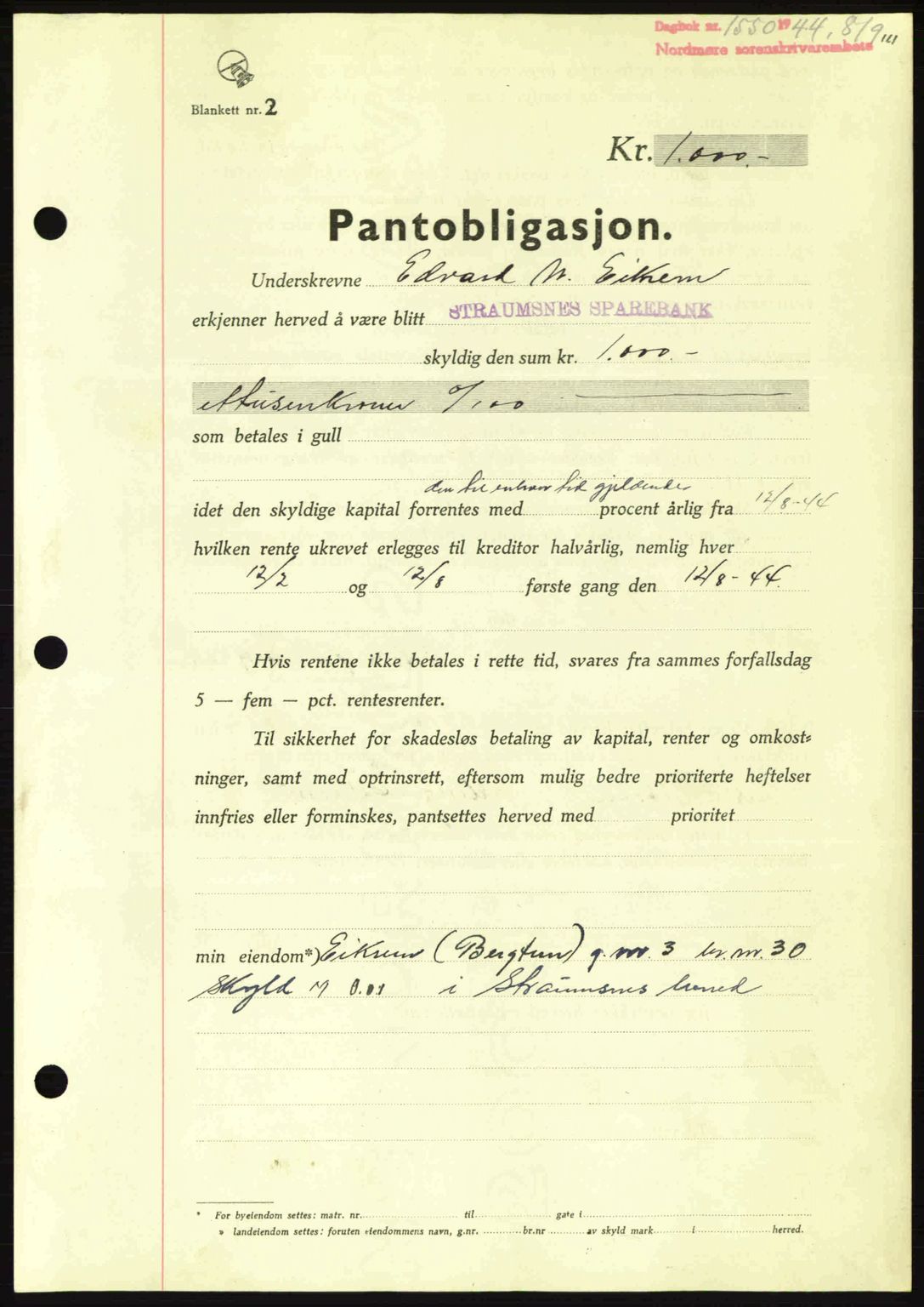 Nordmøre sorenskriveri, AV/SAT-A-4132/1/2/2Ca: Pantebok nr. B92, 1944-1945, Dagboknr: 1550/1944