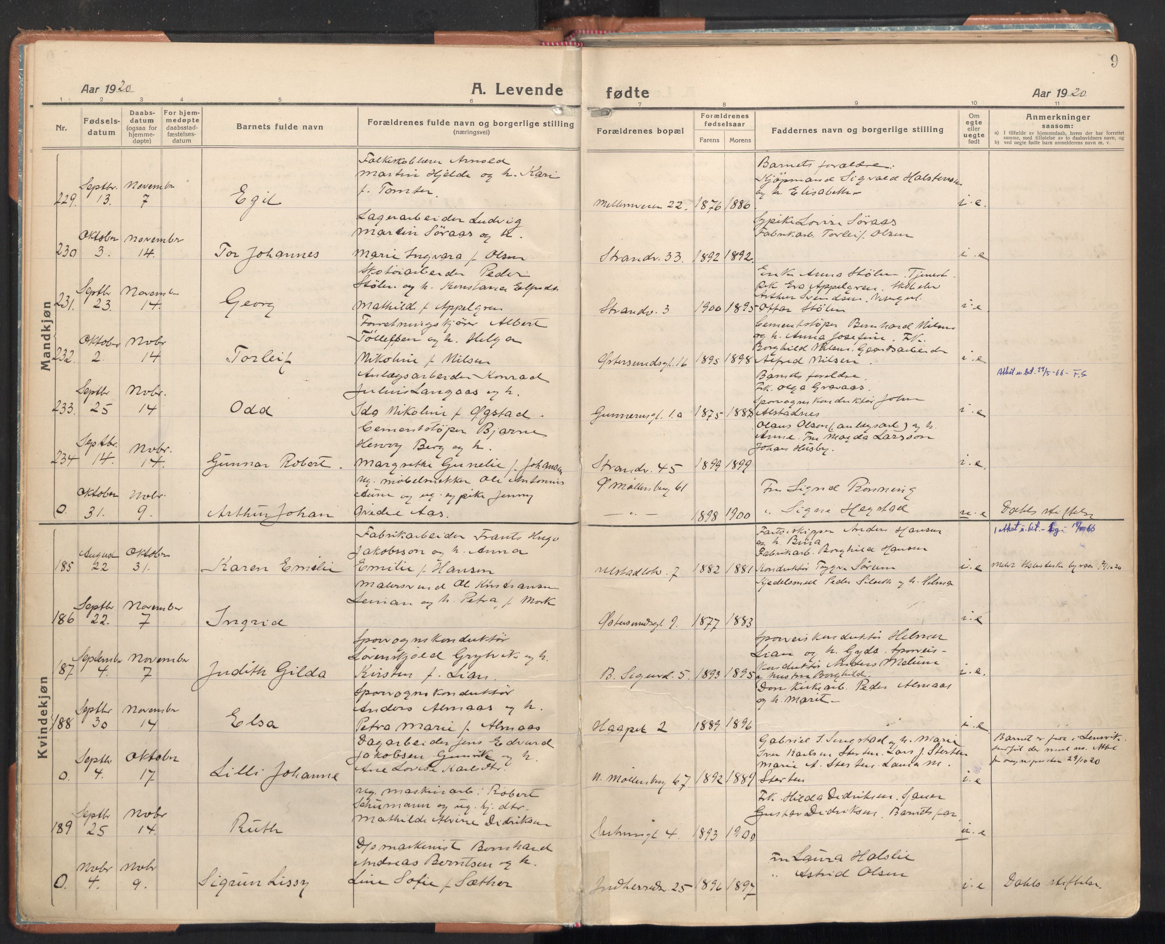 Ministerialprotokoller, klokkerbøker og fødselsregistre - Sør-Trøndelag, SAT/A-1456/605/L0248: Ministerialbok nr. 605A10, 1920-1937, s. 9