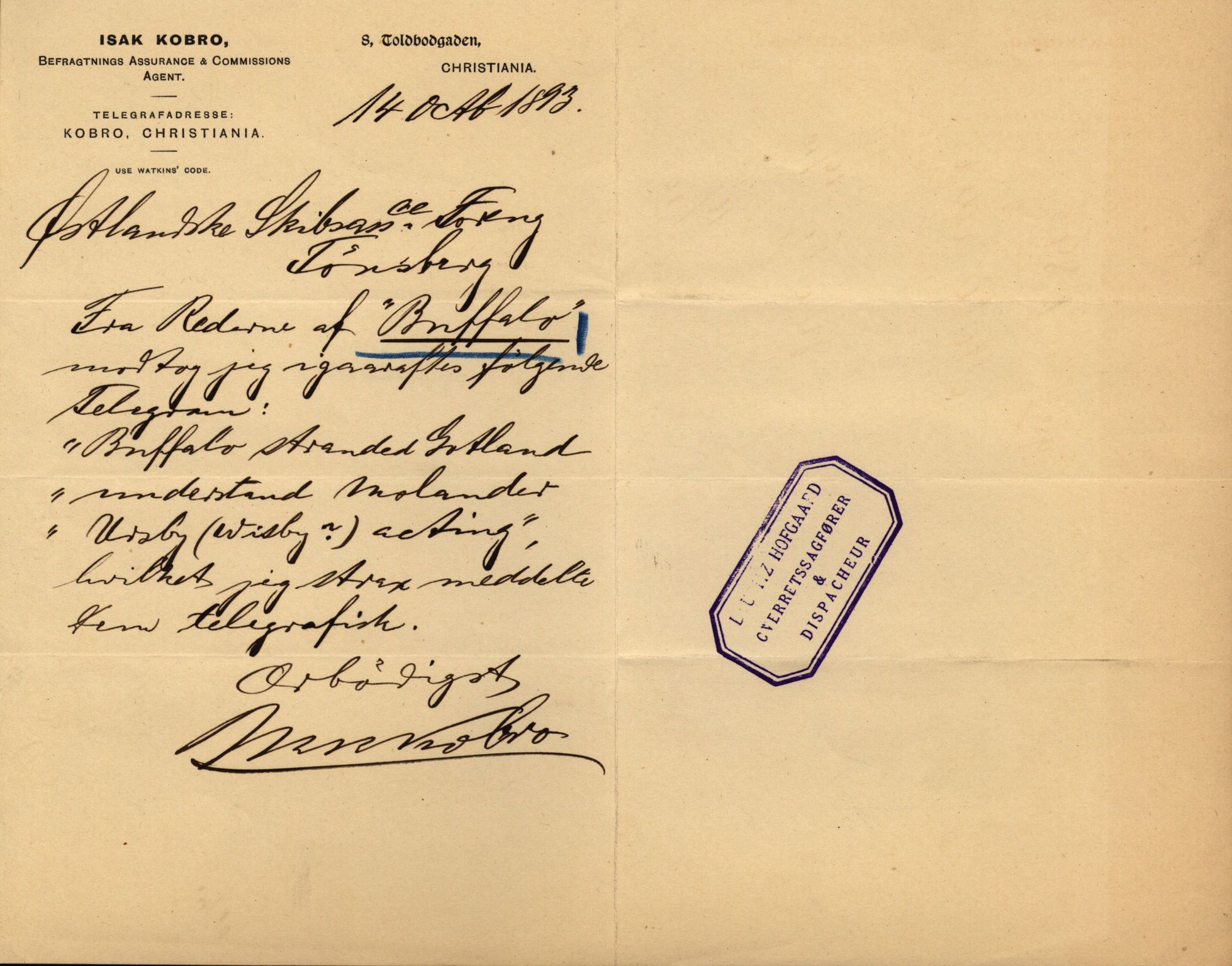 Pa 63 - Østlandske skibsassuranceforening, VEMU/A-1079/G/Ga/L0029/0009: Havaridokumenter / Anette, Agathe, Agra, Buffalo, 1893, s. 54