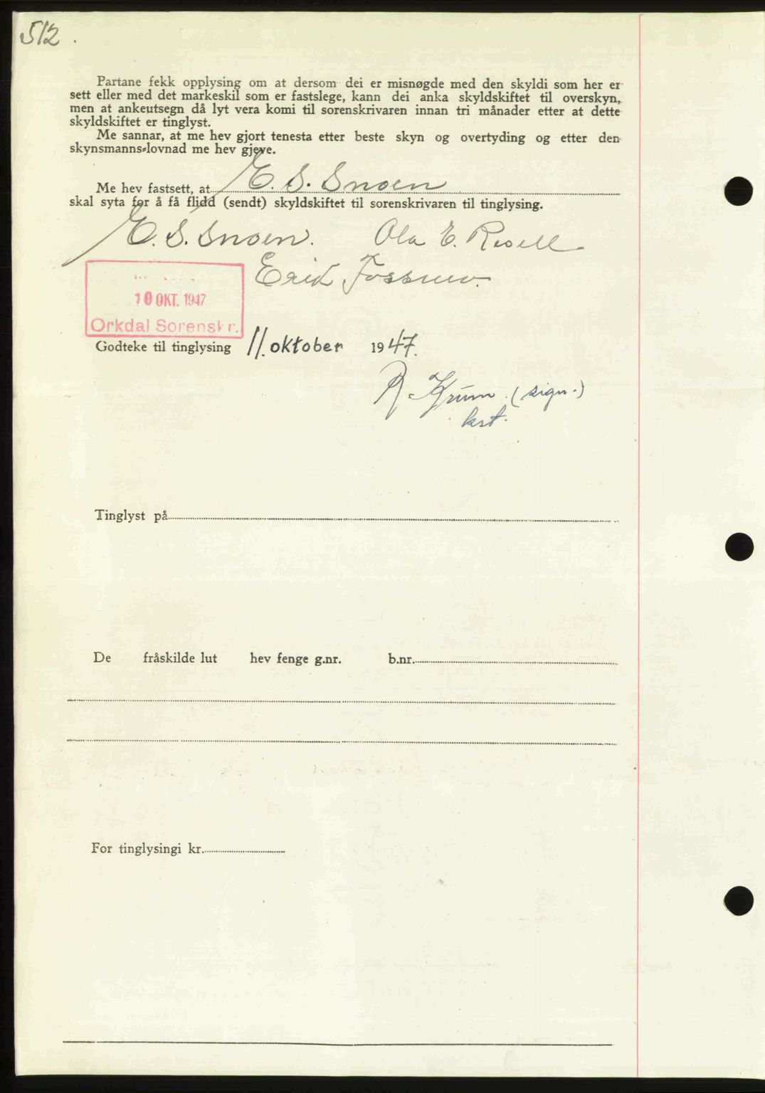 Orkdal sorenskriveri, SAT/A-4169/1/2/2C: Pantebok nr. A, 1947-1947, Dagboknr: 1291/1947