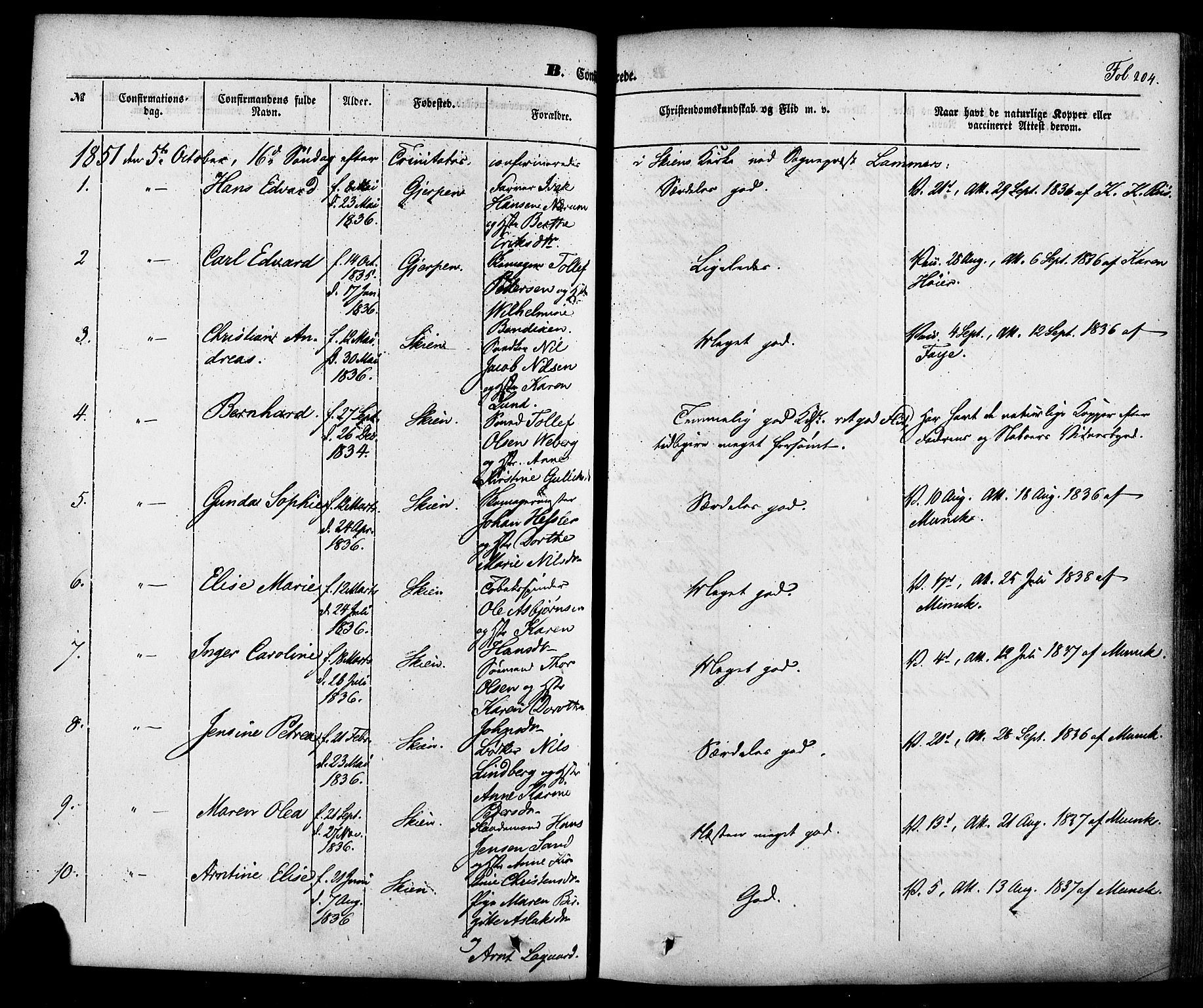 Skien kirkebøker, SAKO/A-302/F/Fa/L0006a: Ministerialbok nr. 6A, 1843-1856, s. 204