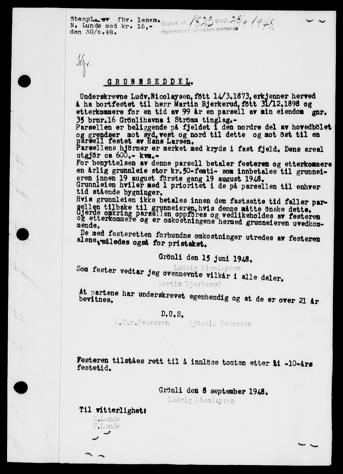 Holmestrand sorenskriveri, SAKO/A-67/G/Ga/Gaa/L0064: Pantebok nr. A-64, 1948-1948, Dagboknr: 1823/1948