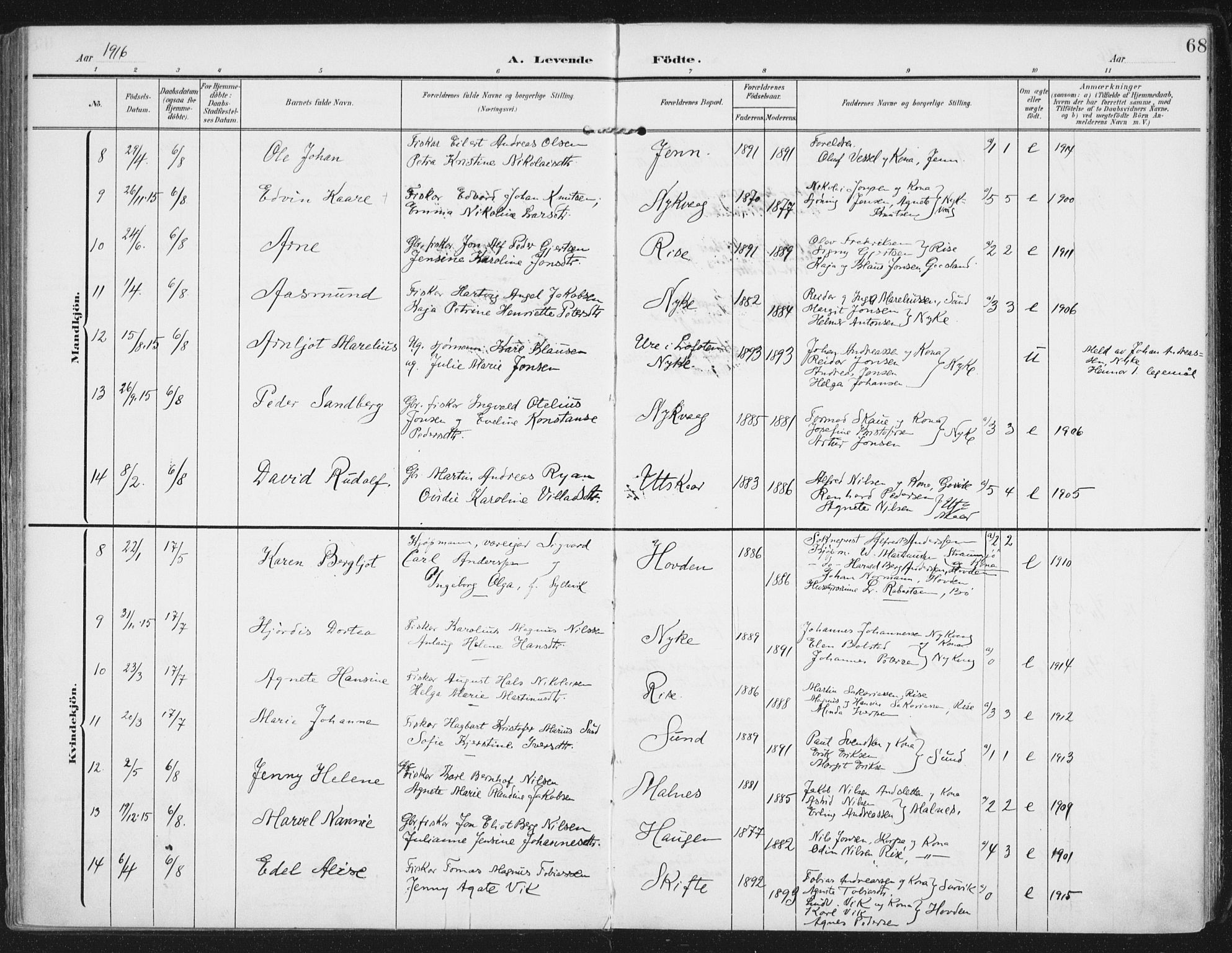 Ministerialprotokoller, klokkerbøker og fødselsregistre - Nordland, SAT/A-1459/892/L1321: Ministerialbok nr. 892A02, 1902-1918, s. 68