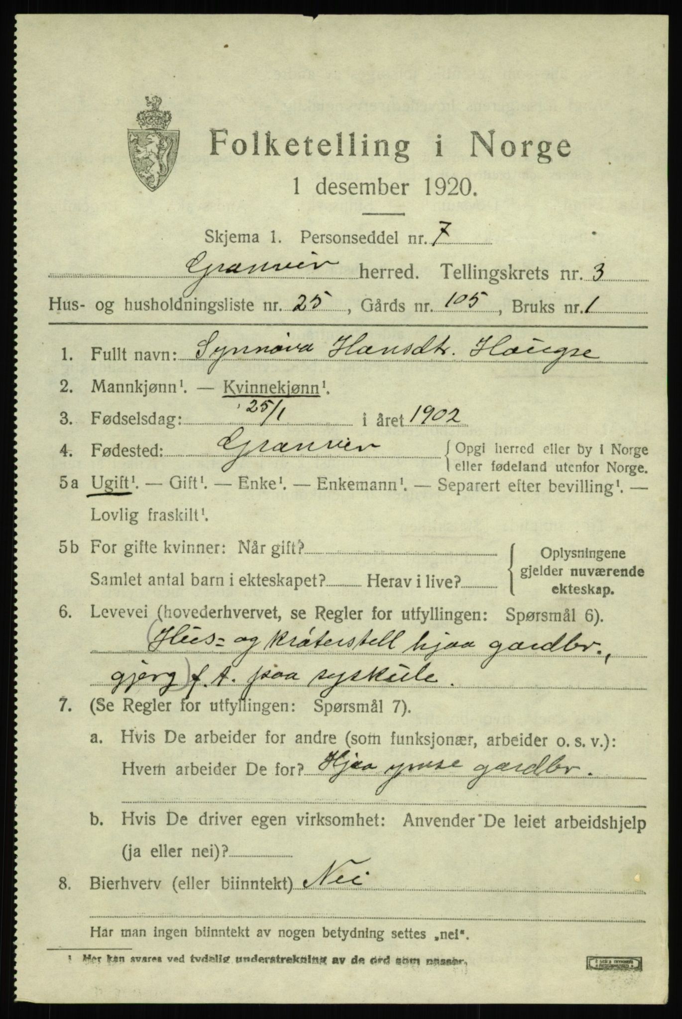 SAB, Folketelling 1920 for 1234 Granvin herred, 1920, s. 1426