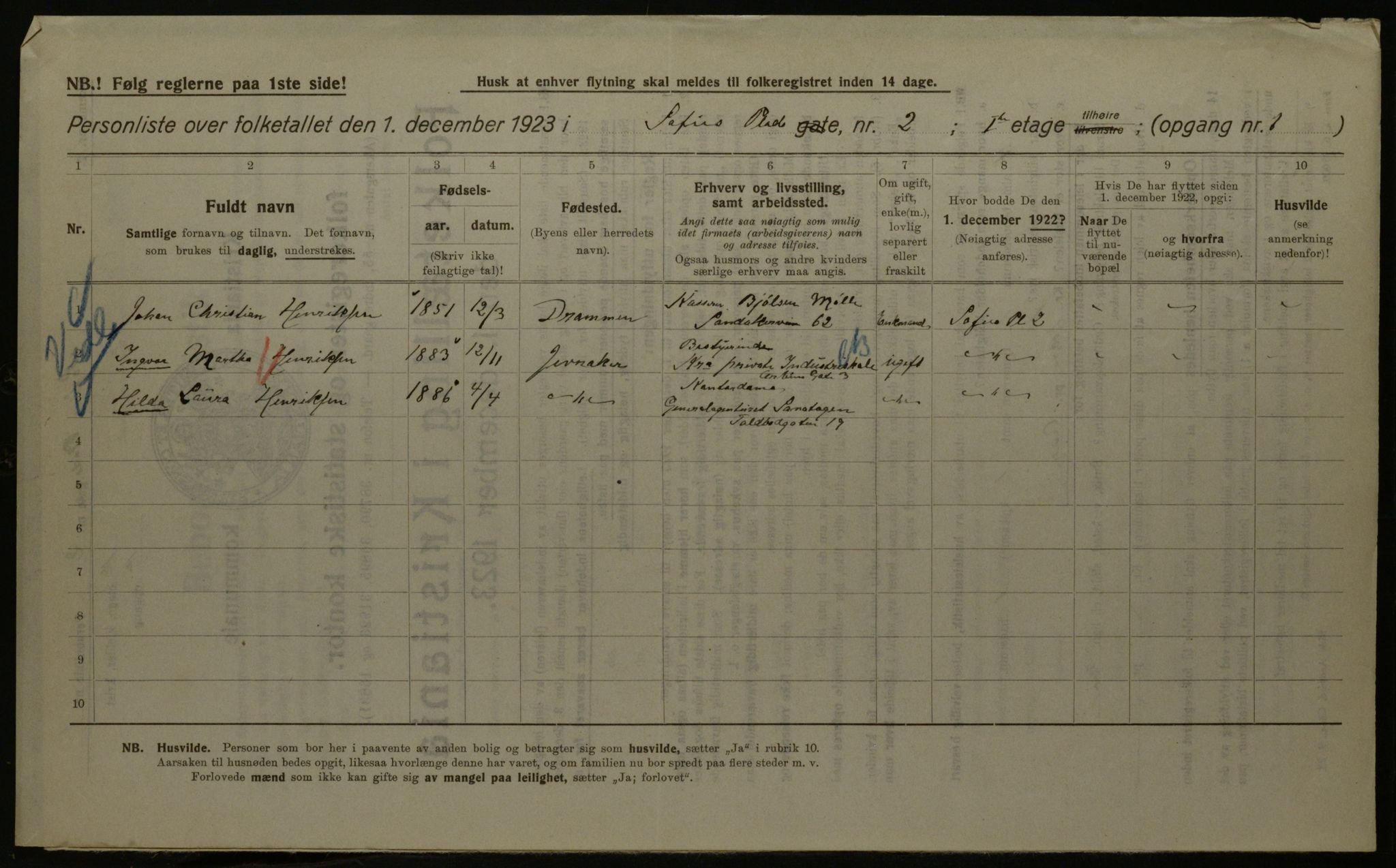 OBA, Kommunal folketelling 1.12.1923 for Kristiania, 1923, s. 109516