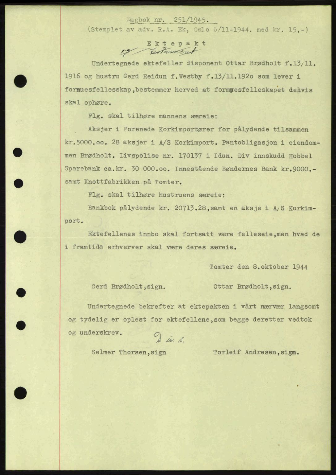Moss sorenskriveri, SAO/A-10168: Pantebok nr. A13, 1944-1945, Dagboknr: 251/1945