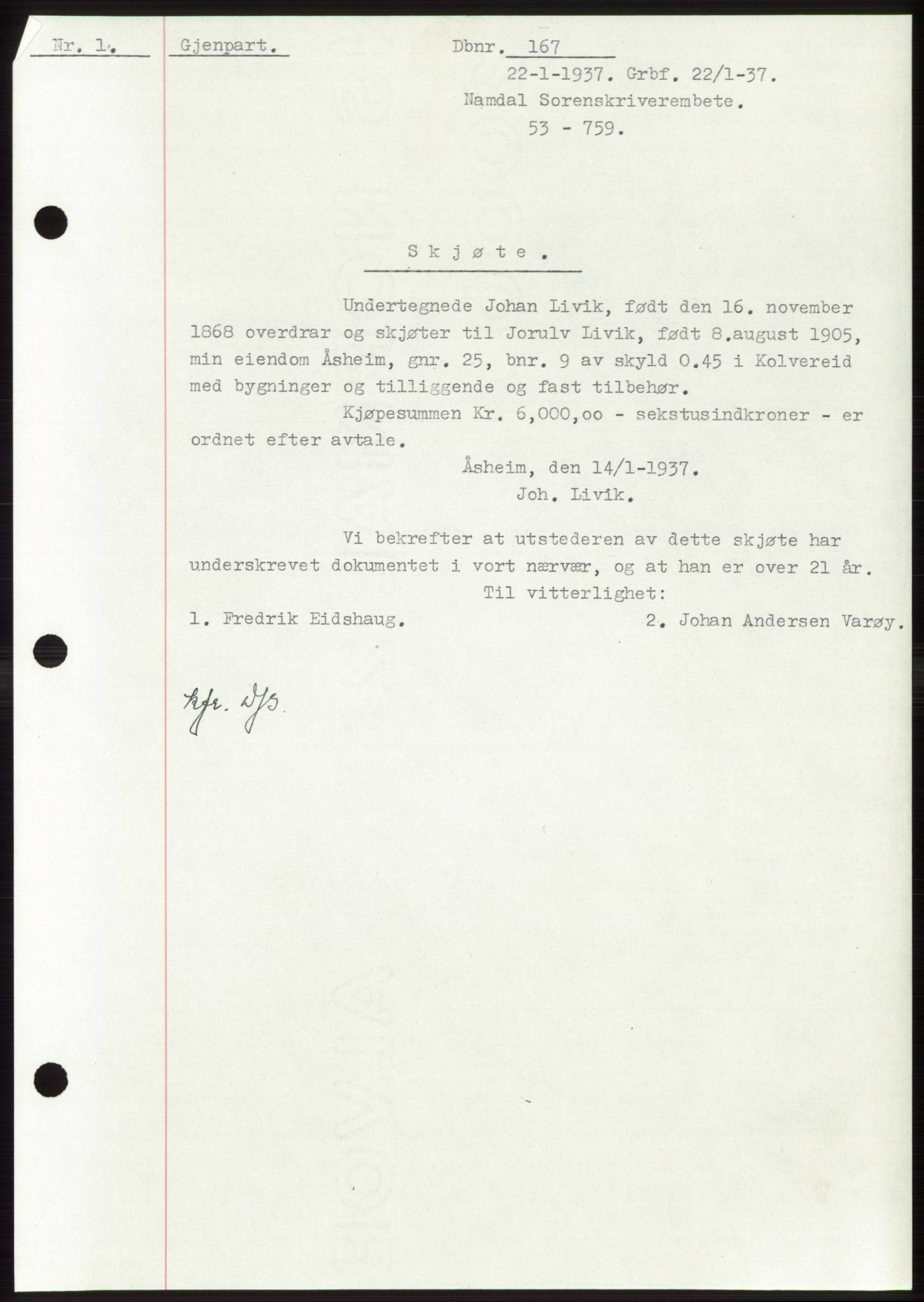 Namdal sorenskriveri, SAT/A-4133/1/2/2C: Pantebok nr. -, 1937-1939, Tingl.dato: 22.01.1937