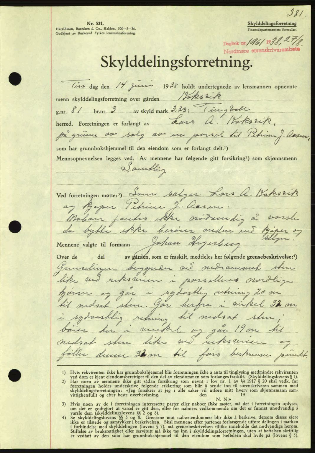 Nordmøre sorenskriveri, AV/SAT-A-4132/1/2/2Ca: Pantebok nr. A84, 1938-1938, Dagboknr: 1961/1938