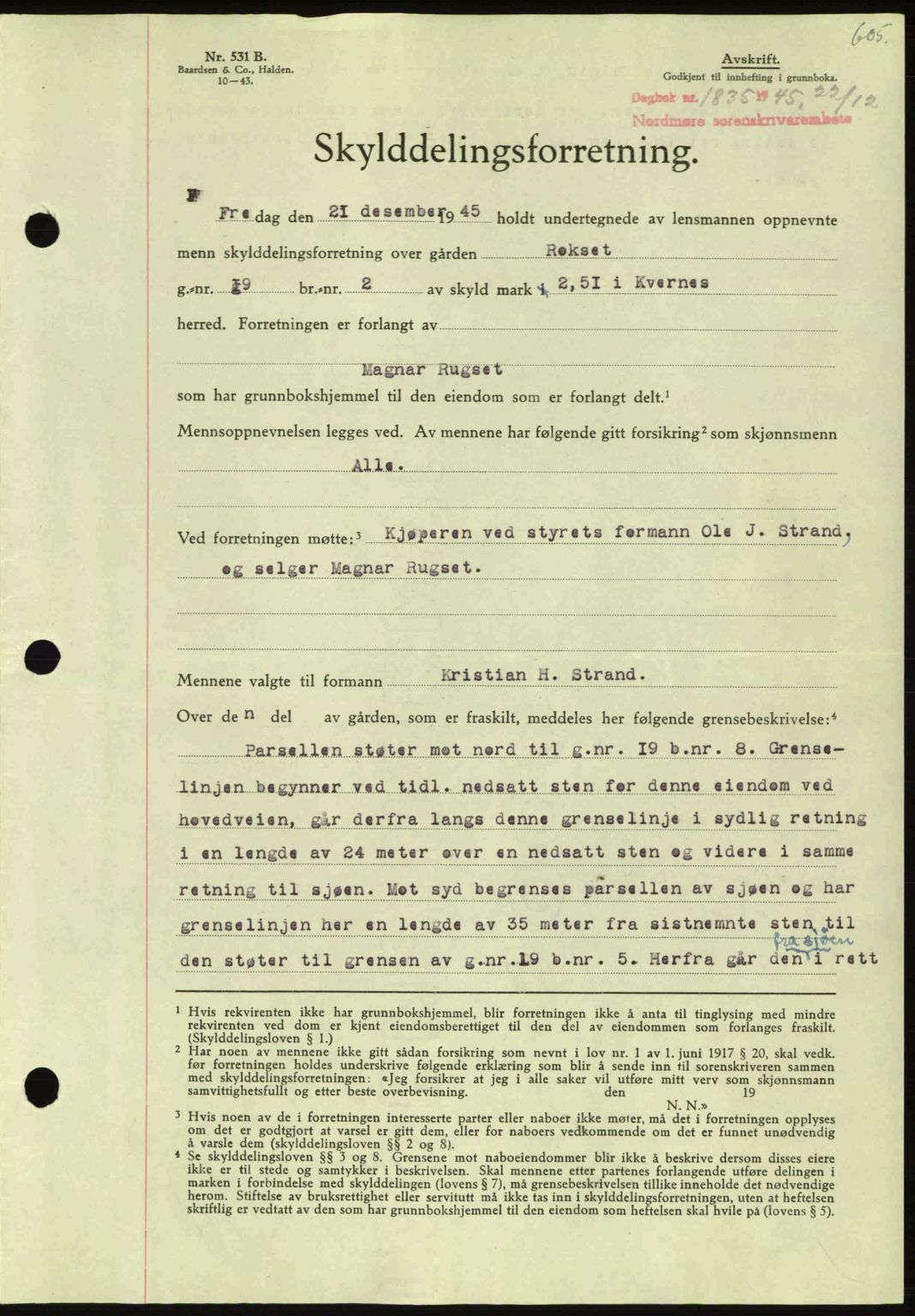 Nordmøre sorenskriveri, AV/SAT-A-4132/1/2/2Ca: Pantebok nr. A100a, 1945-1945, Dagboknr: 1835/1945