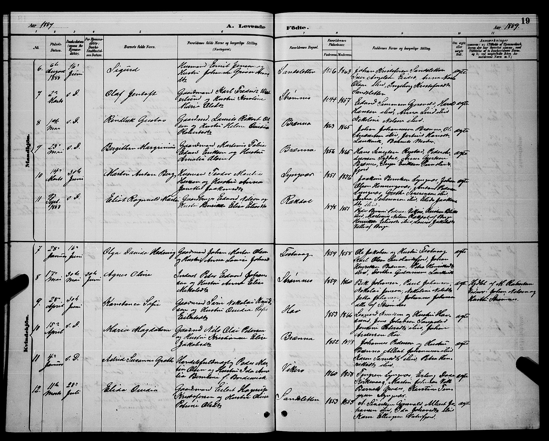 Ministerialprotokoller, klokkerbøker og fødselsregistre - Nordland, AV/SAT-A-1459/876/L1104: Klokkerbok nr. 876C03, 1886-1896, s. 19