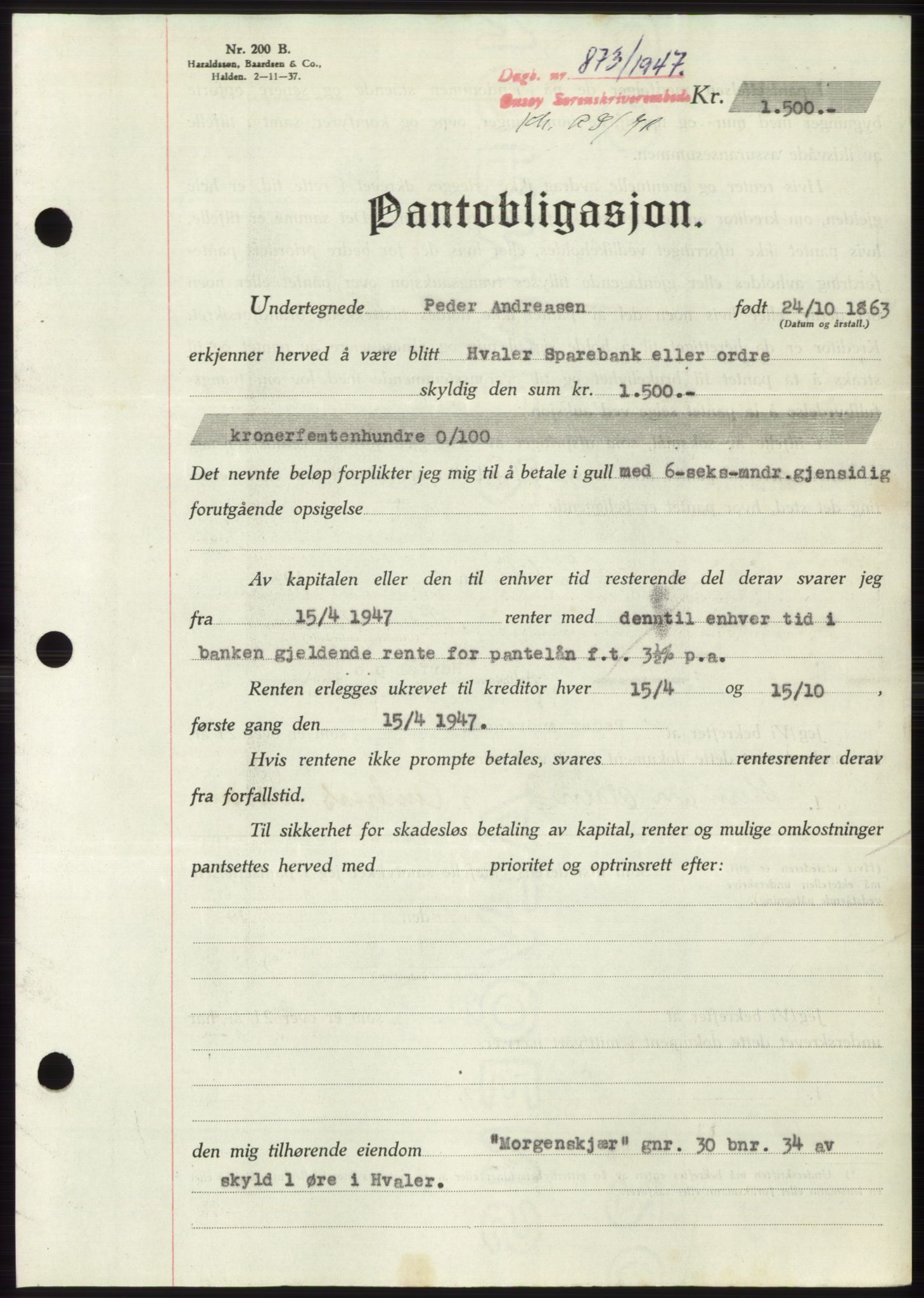 Onsøy sorenskriveri, SAO/A-10474/G/Ga/Gac/L0006: Pantebok nr. B 12-6, 1947-1948, Dagboknr: 873/1947