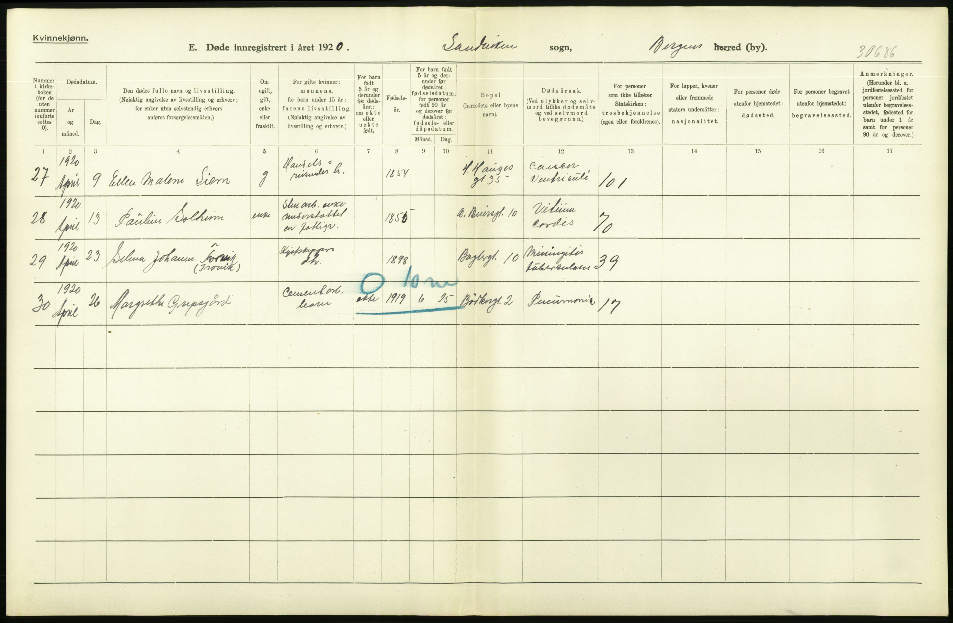 Statistisk sentralbyrå, Sosiodemografiske emner, Befolkning, AV/RA-S-2228/D/Df/Dfb/Dfbj/L0042: Bergen: Gifte, døde, dødfødte., 1920, s. 494