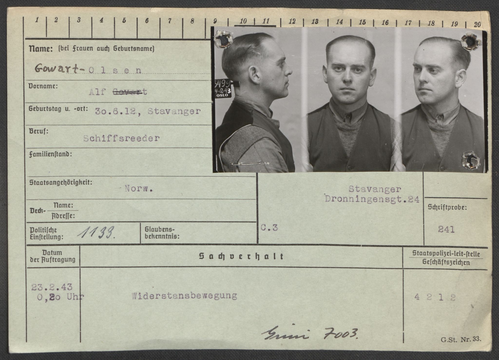 Befehlshaber der Sicherheitspolizei und des SD, RA/RAFA-5969/E/Ea/Eaa/L0003: Register over norske fanger i Møllergata 19: Eng-Hag, 1940-1945, s. 911