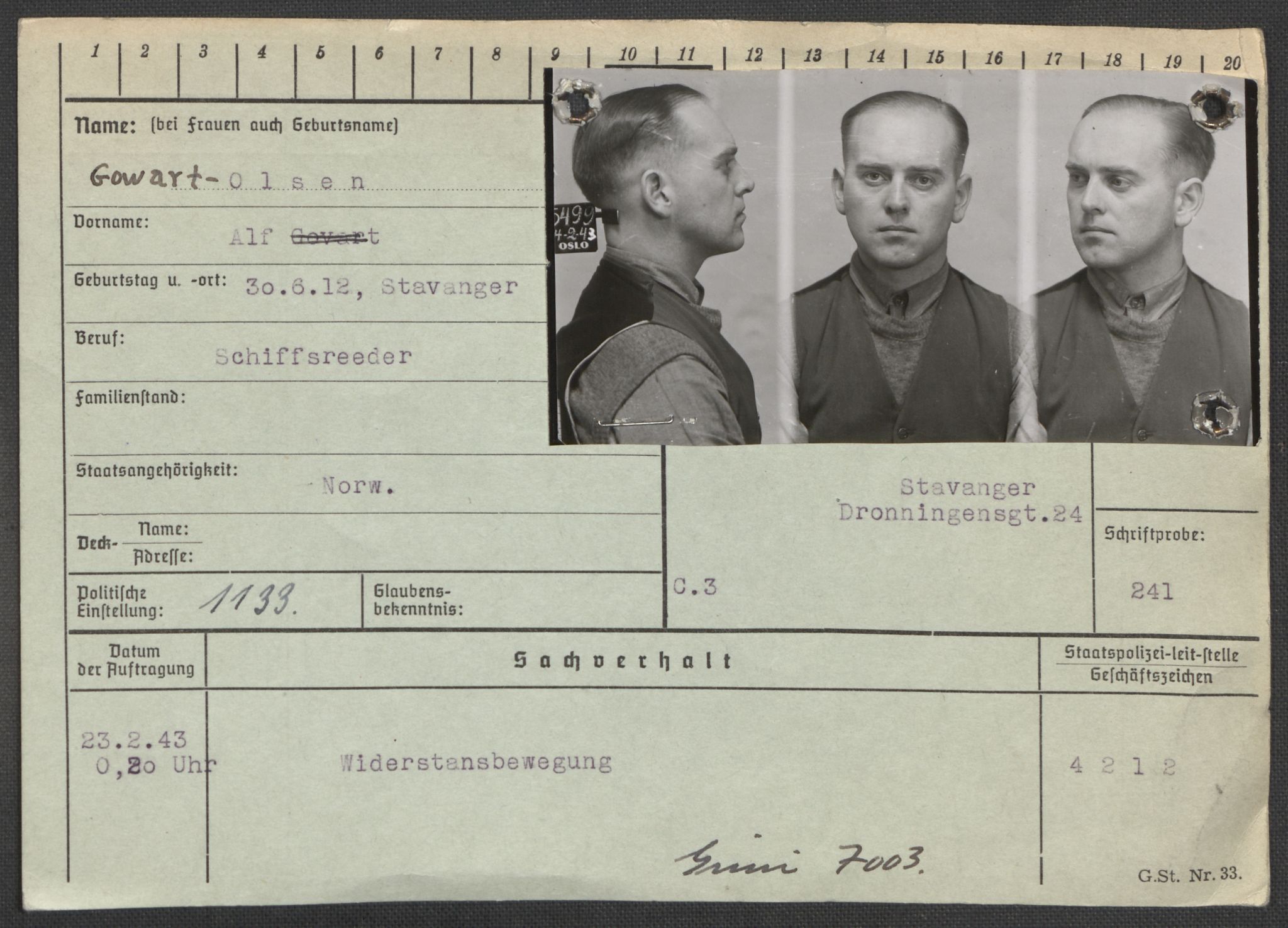 Befehlshaber der Sicherheitspolizei und des SD, AV/RA-RAFA-5969/E/Ea/Eaa/L0003: Register over norske fanger i Møllergata 19: Eng-Hag, 1940-1945, s. 911