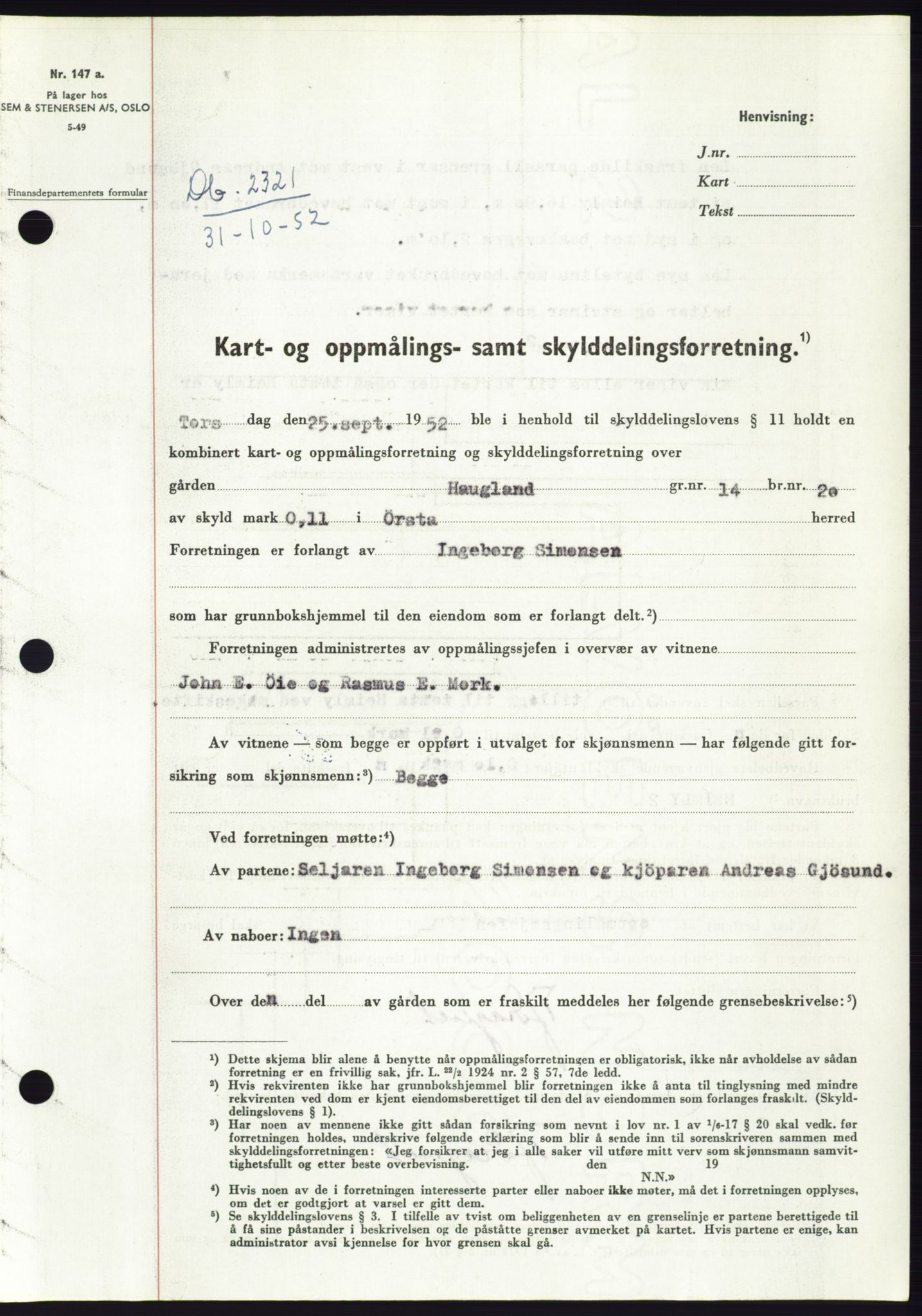 Søre Sunnmøre sorenskriveri, SAT/A-4122/1/2/2C/L0093: Pantebok nr. 19A, 1952-1953, Dagboknr: 2321/1952