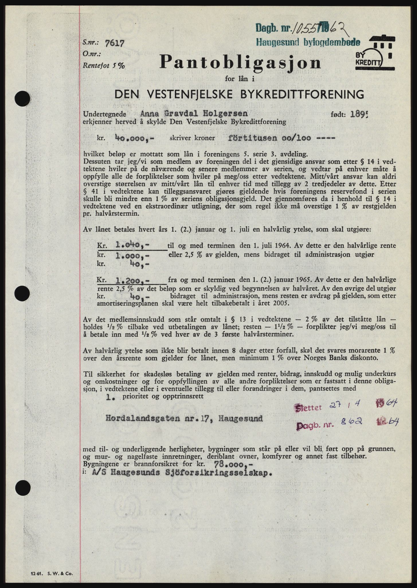 Haugesund tingrett, SAST/A-101415/01/II/IIC/L0049: Pantebok nr. B 49, 1962-1962, Dagboknr: 1055/1962