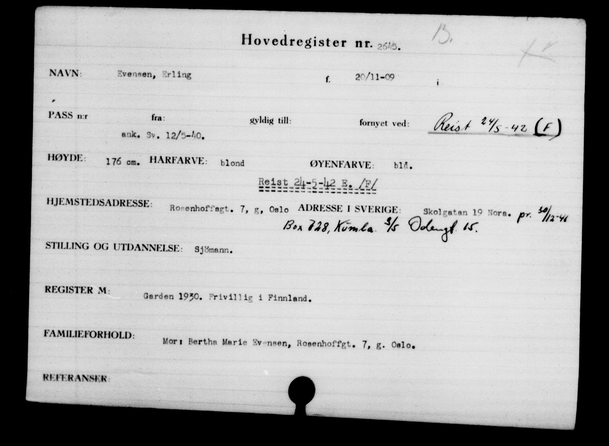 Utenriksstasjonene, Legasjonen i Stockholm, Flyktningkontoret, AV/RA-S-6753/V/Va/L0003: Kjesäterkartoteket, flyktninger med registreringsnr. 2001-3495, 1940-1945, s. 1009