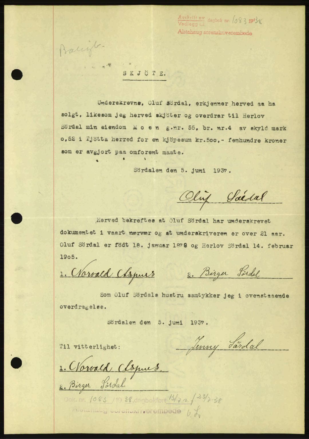 Alstahaug sorenskriveri, SAT/A-1009: Pantebok nr. A3, 1937-1938, Dagboknr: 1083/1938