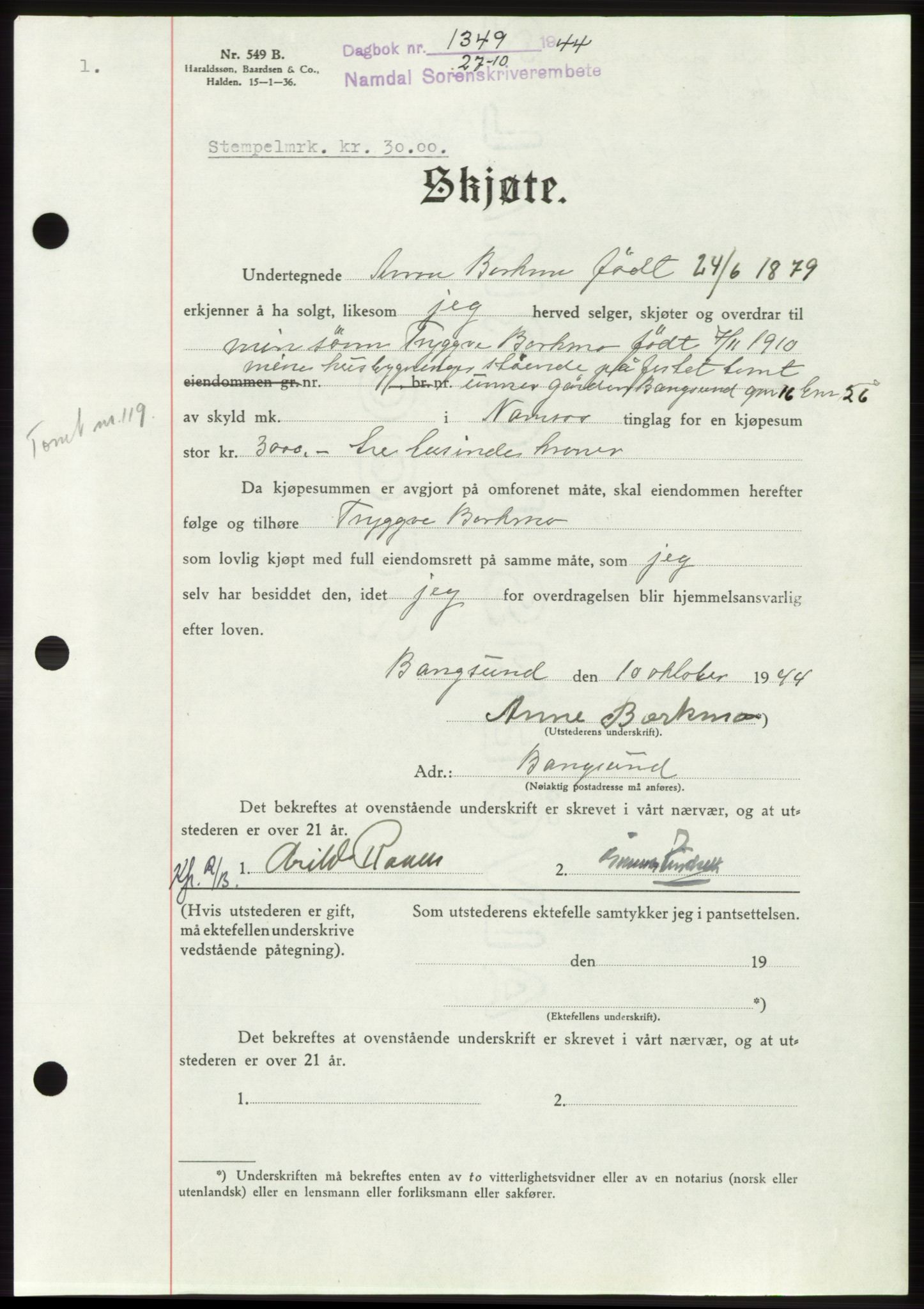 Namdal sorenskriveri, SAT/A-4133/1/2/2C: Pantebok nr. -, 1944-1945, Dagboknr: 1349/1944