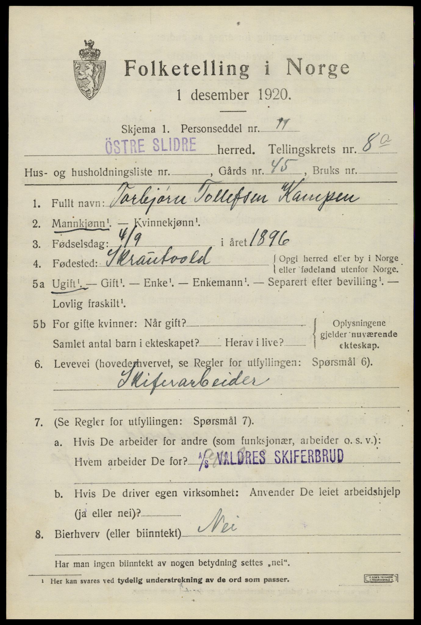 SAH, Folketelling 1920 for 0544 Øystre Slidre herred, 1920, s. 5331