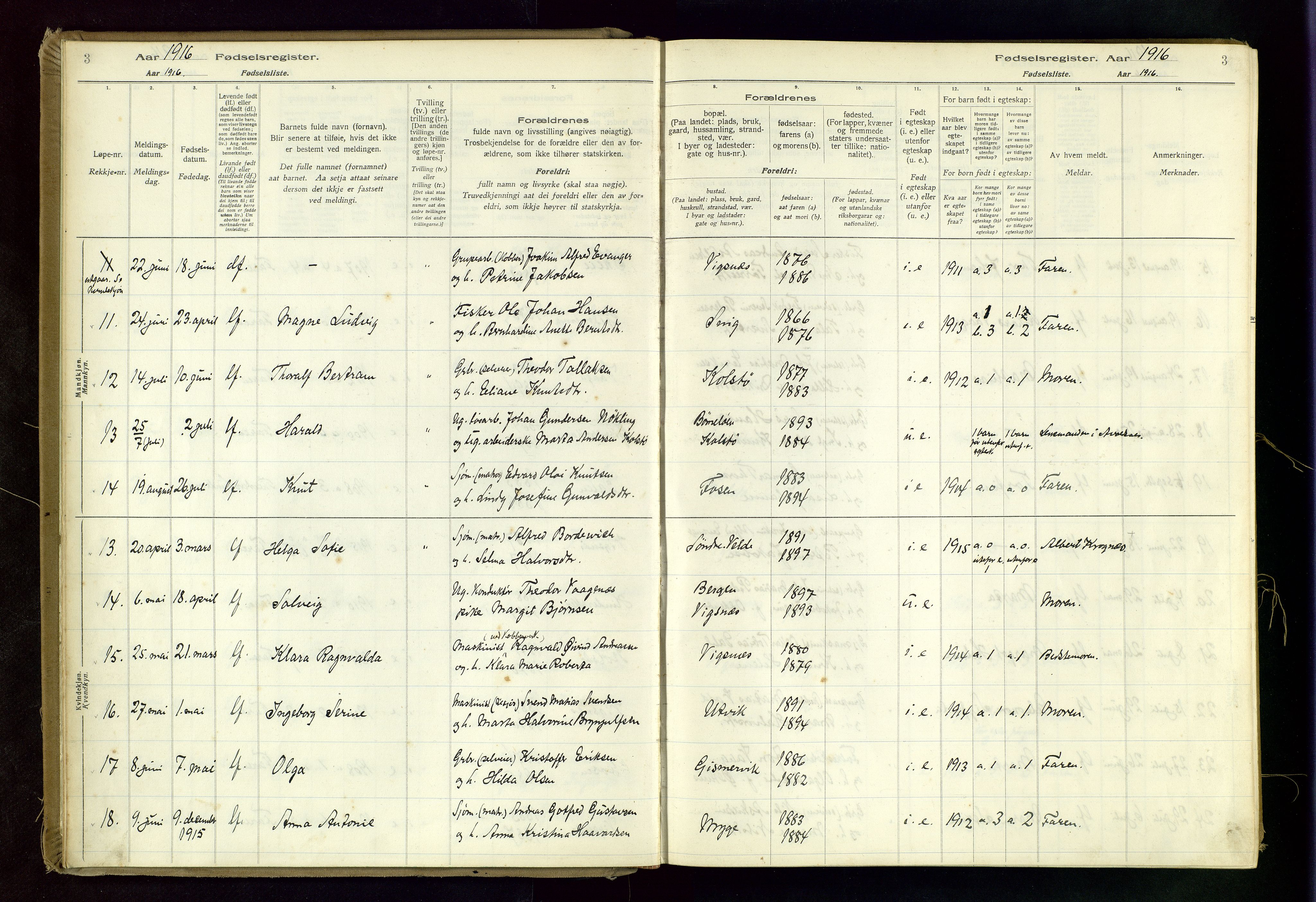 Avaldsnes sokneprestkontor, AV/SAST-A -101851/I/Id/L0001: Fødselsregister nr. 1, 1916-1946, s. 3
